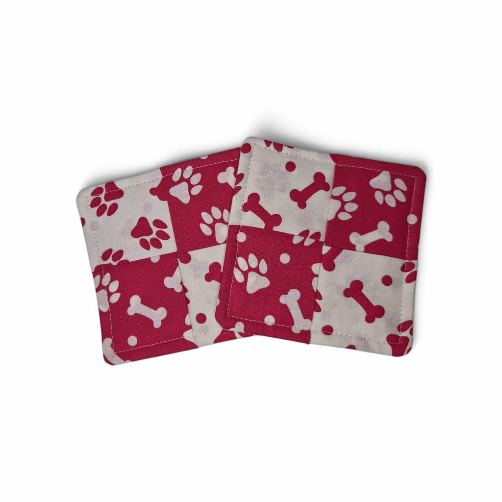 Red Paw Print & Bone Patchwork Mug Rug Coaster Set of 2