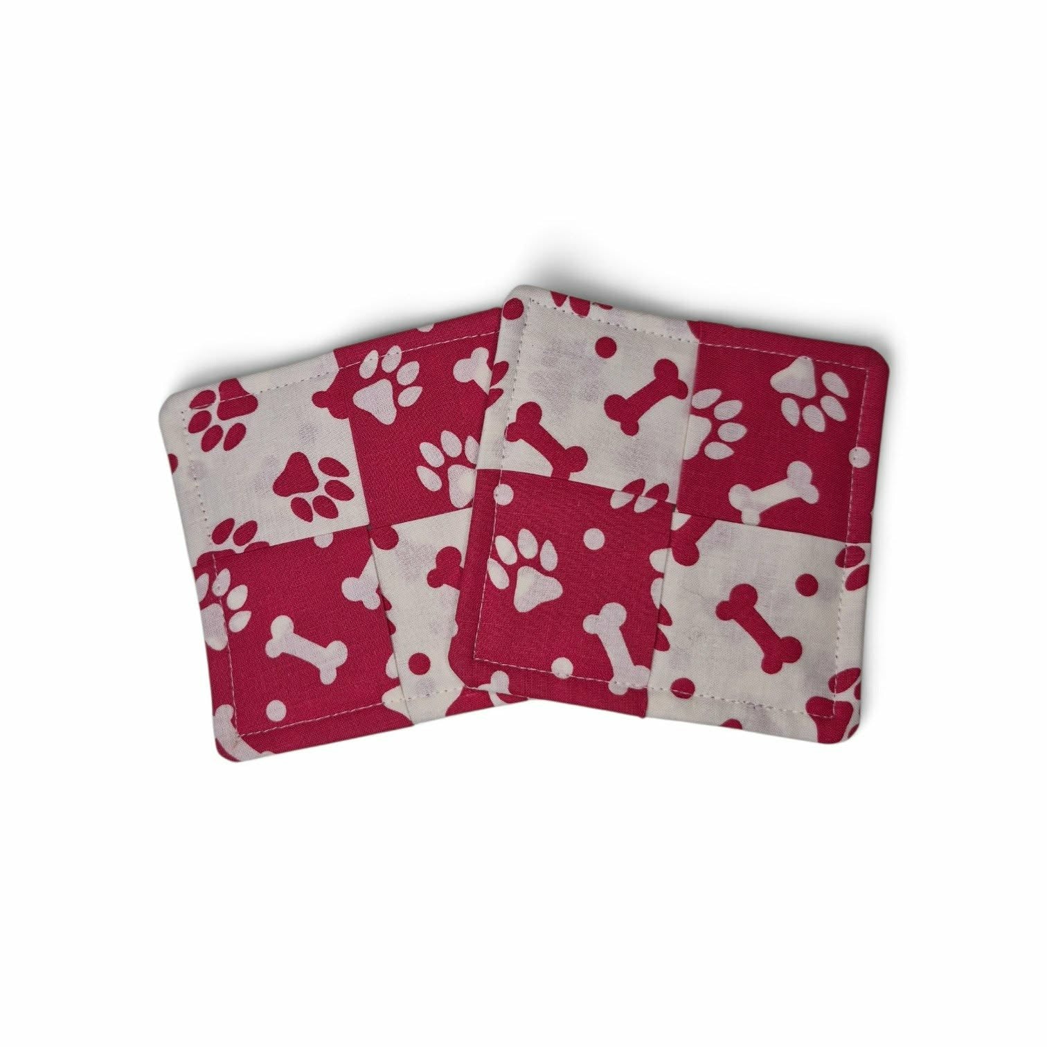 Red Paw Print & Bone Patchwork Mug Rug Coaster Set of 2
