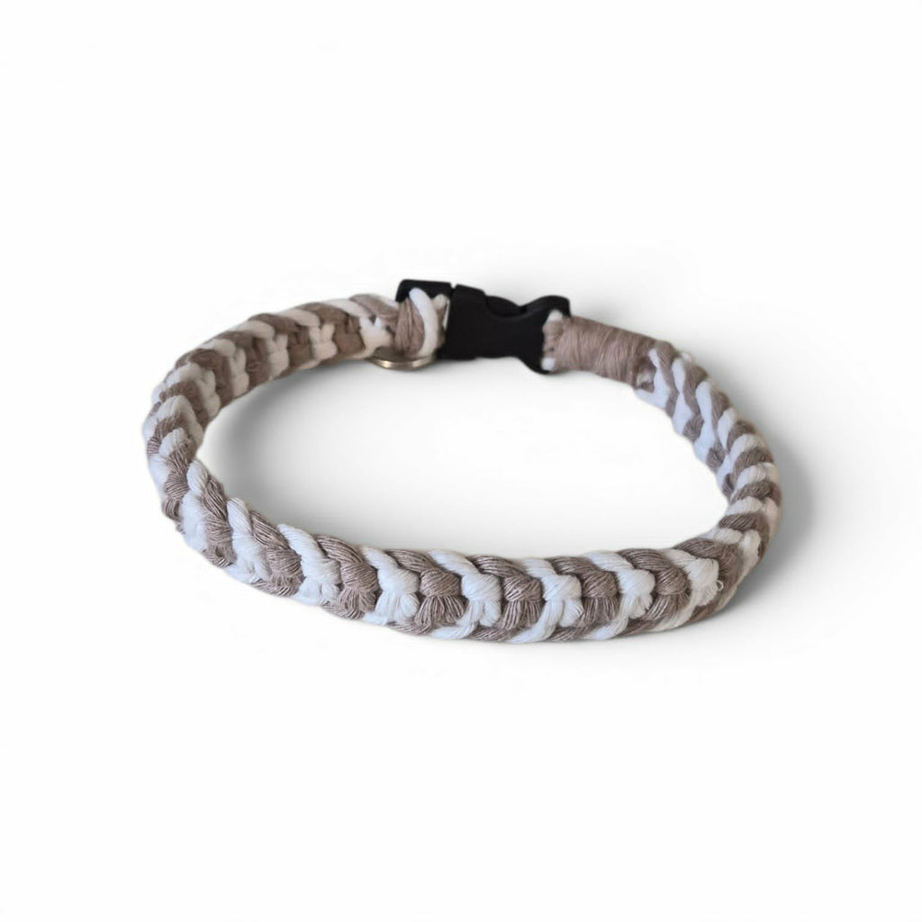 Taupe and White Macrame Dog Collar with Black Buckle – 17.25 Inch