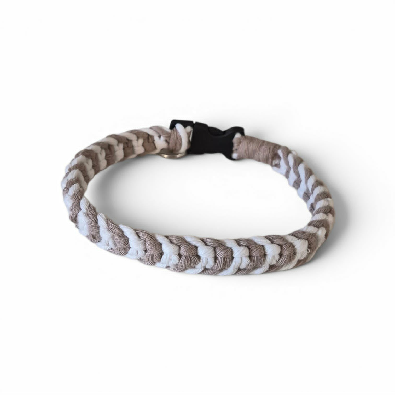 Taupe and White Macrame Dog Collar with Black Buckle – 17.25 Inch