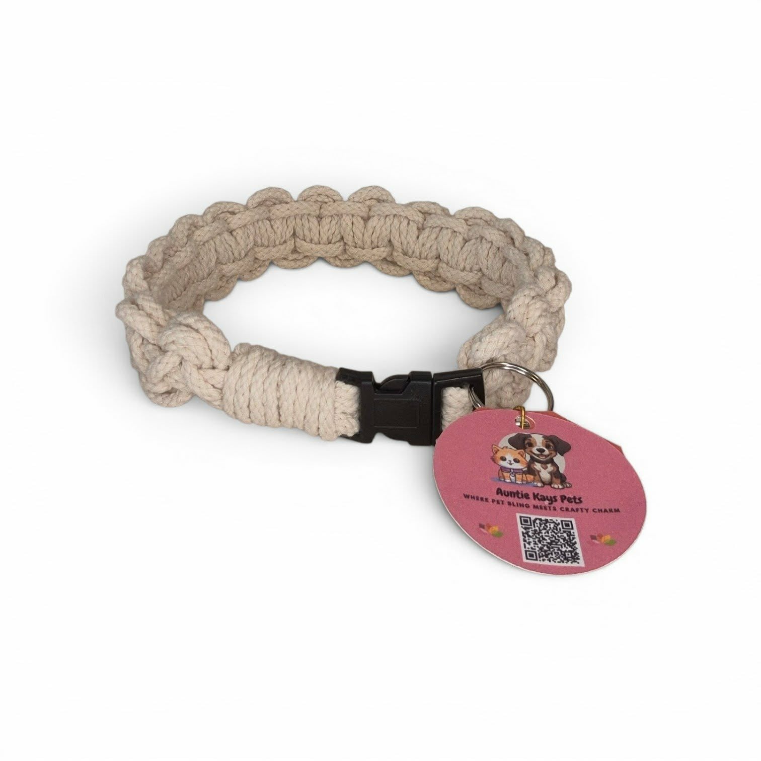 ONE-OF-A-KIND Handmade Macrame Pet Collar – Natural Cream Scalloped Knot Design | Fixed 18.5", Only 1 Available