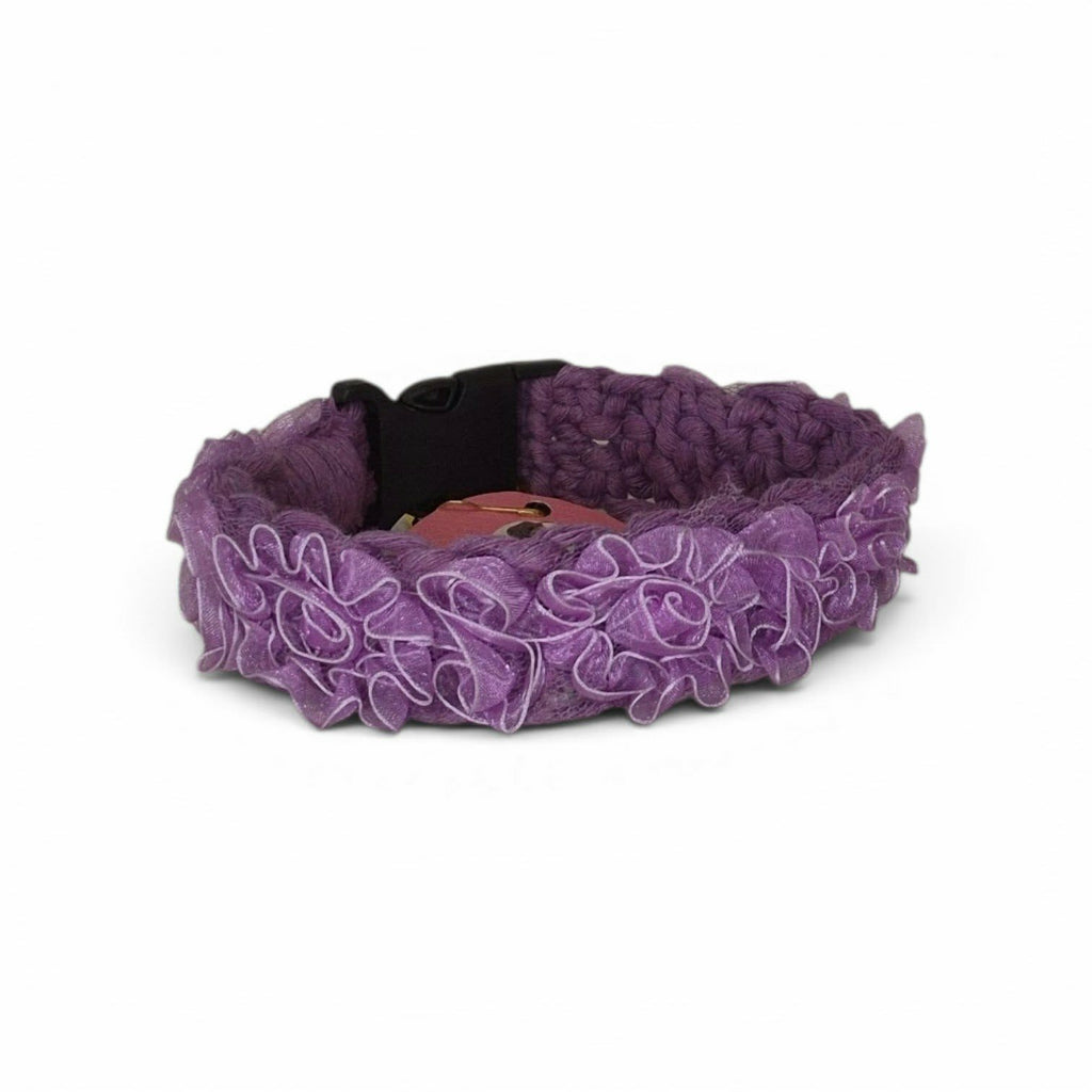 ONE-OF-A-KIND Handmade Macrame Pet Collar – Purple with Lavender Organza Flowers | Fixed 13.5", Only 1 Available
