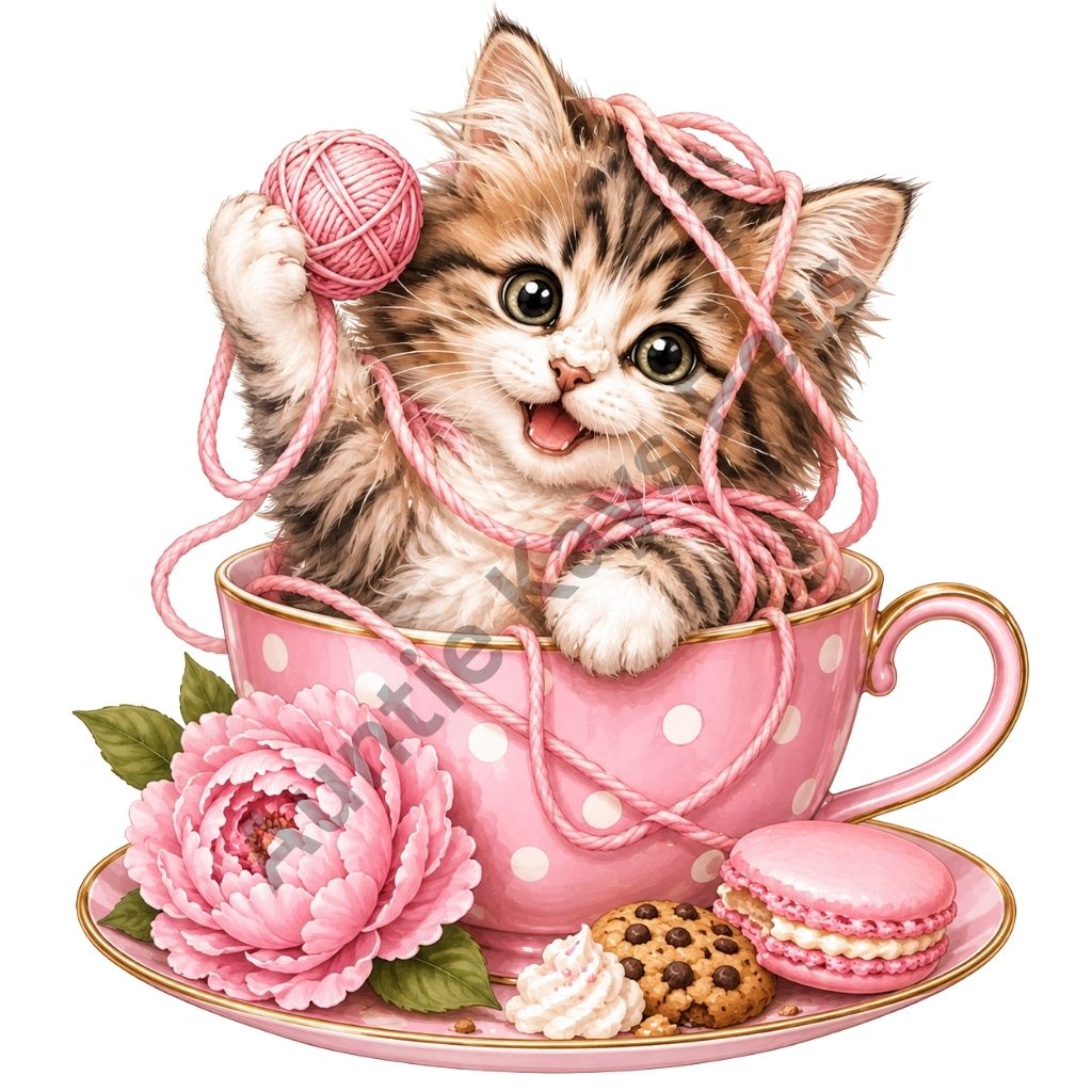 Cute Kitten & Yarn PNG – Pink Cat Digital Clipart | Commercial Use