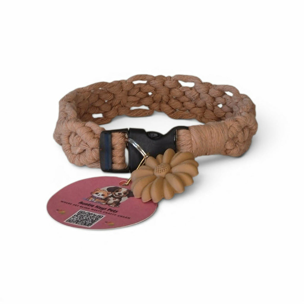 Handmade Macrame Pet Collar – Tan Open Diamond Knot Design with Flower Charm | Fixed-Size Dog & Cat Collar