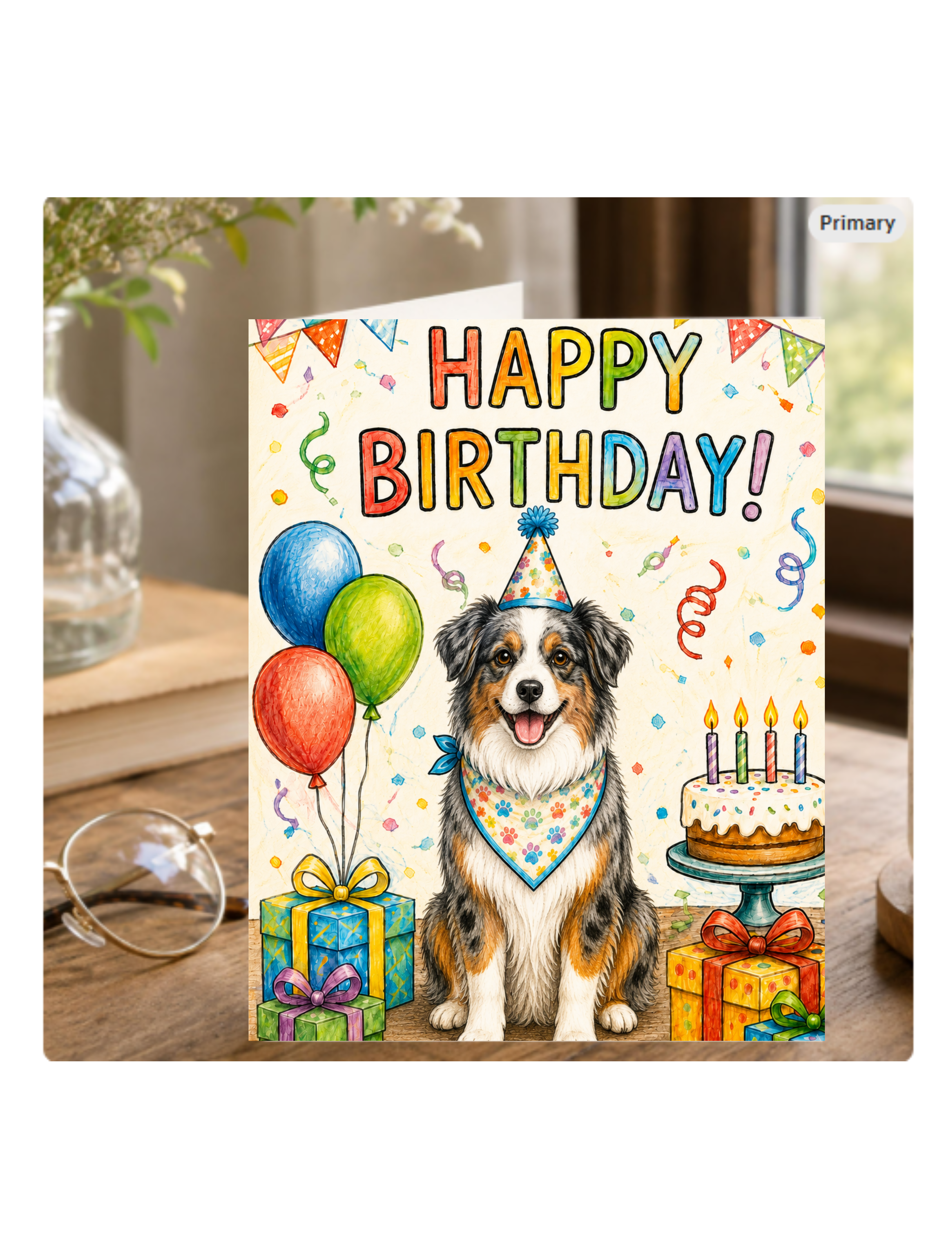 Australian Shepherd Birthday Card – Cute Dog Birthday Notecard, Blank Inside