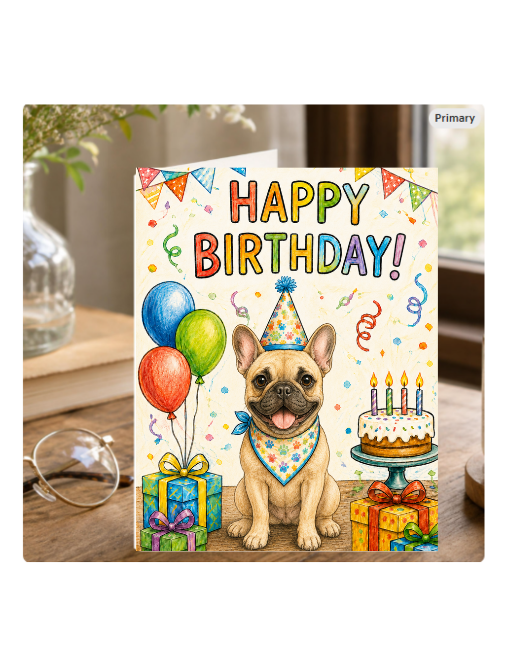 French Bulldog Birthday Card – Cute Dog Birthday Notecard, Blank Inside