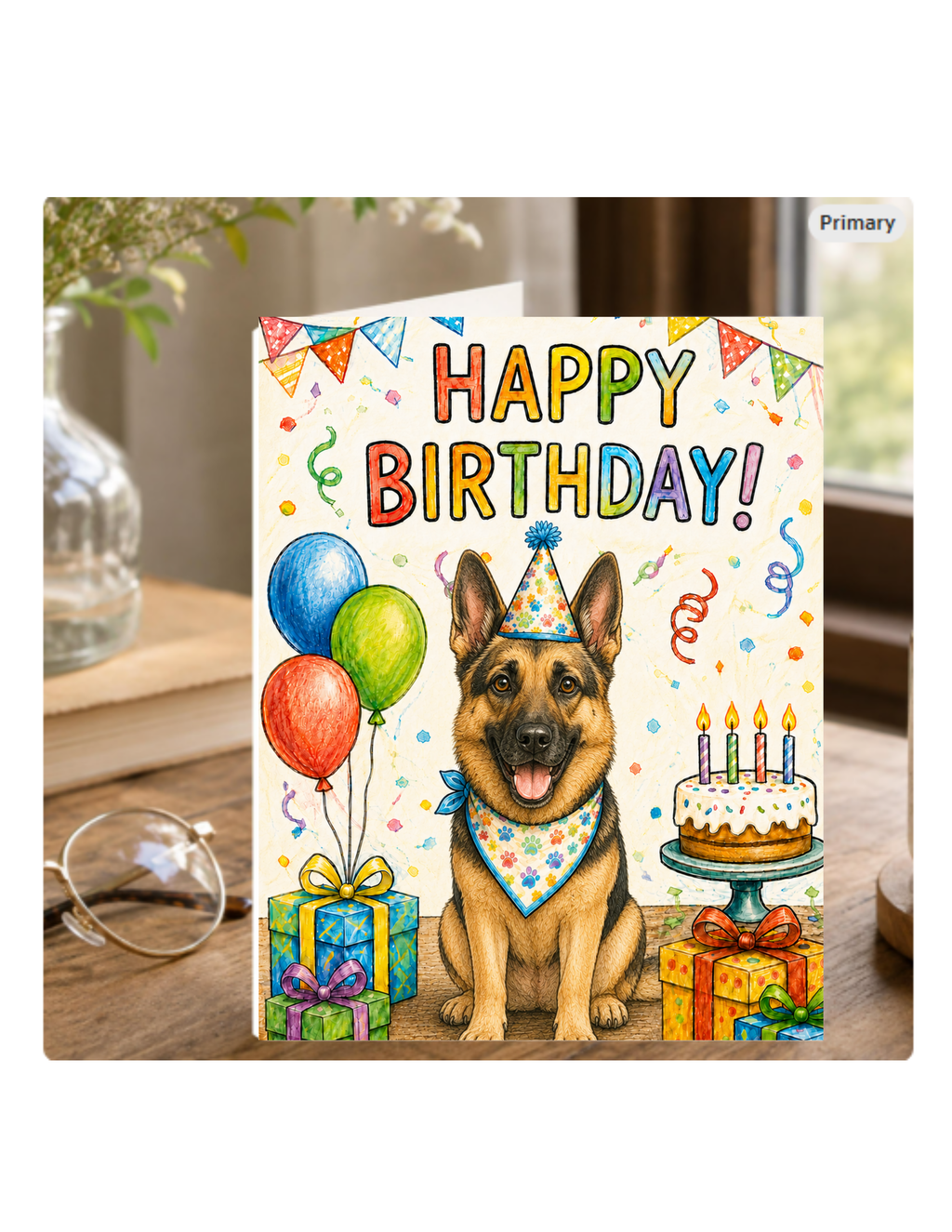 German Shepherd Birthday Card – Cute Dog Birthday Notecard, Blank Inside