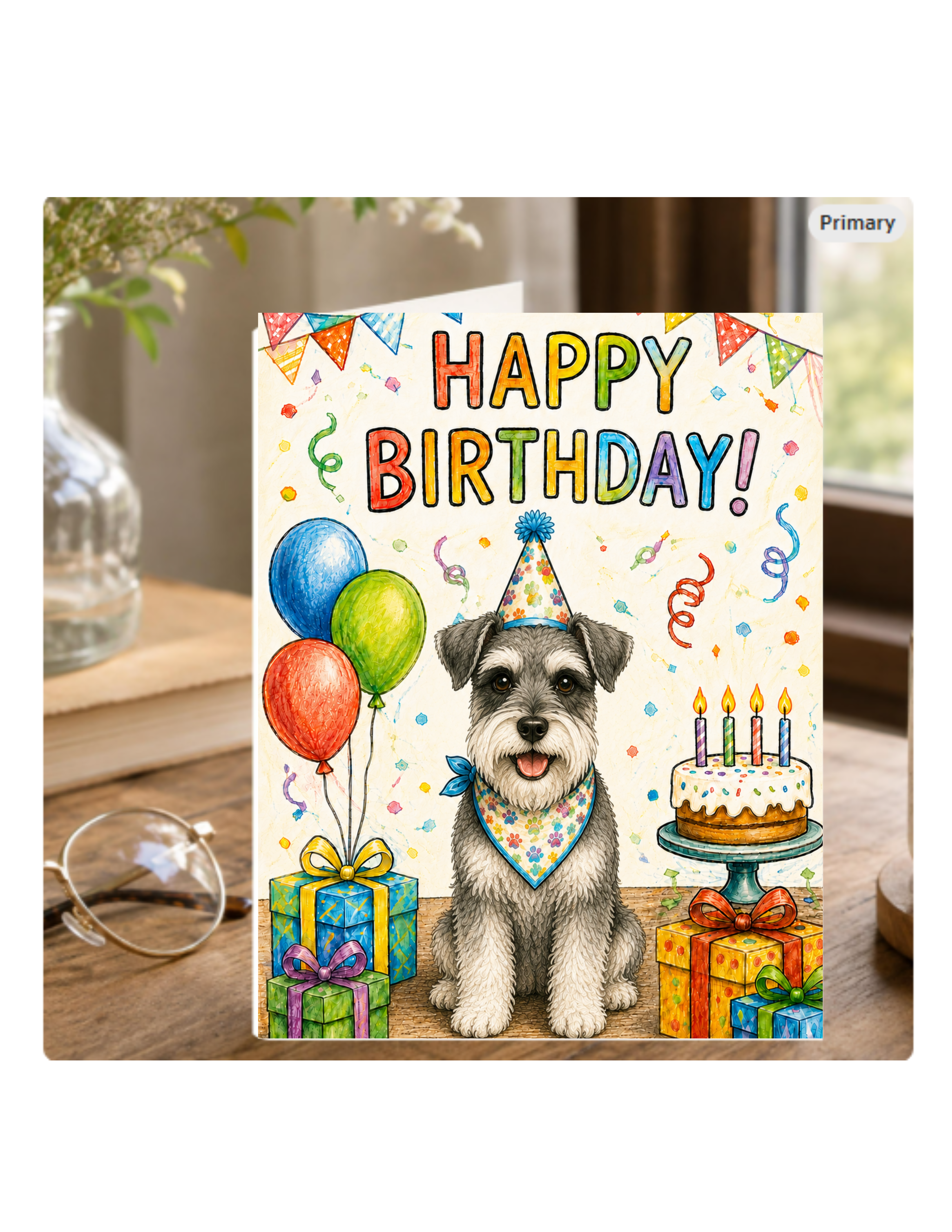 Miniature Schnauzer Birthday Card – Cute Dog Birthday Notecard, Blank Inside