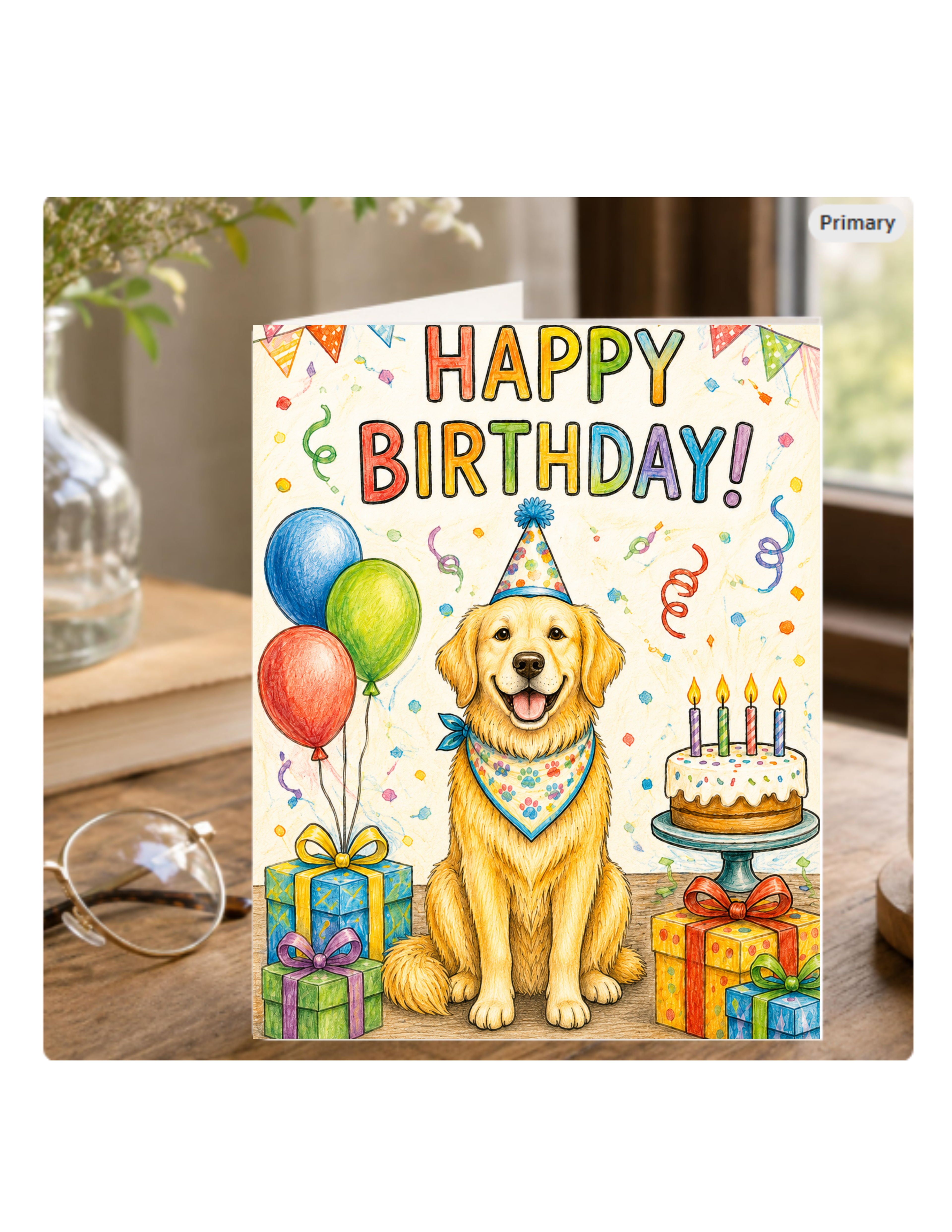 Golden Retriever Birthday Card – Cute Dog Birthday Notecard, Blank Inside