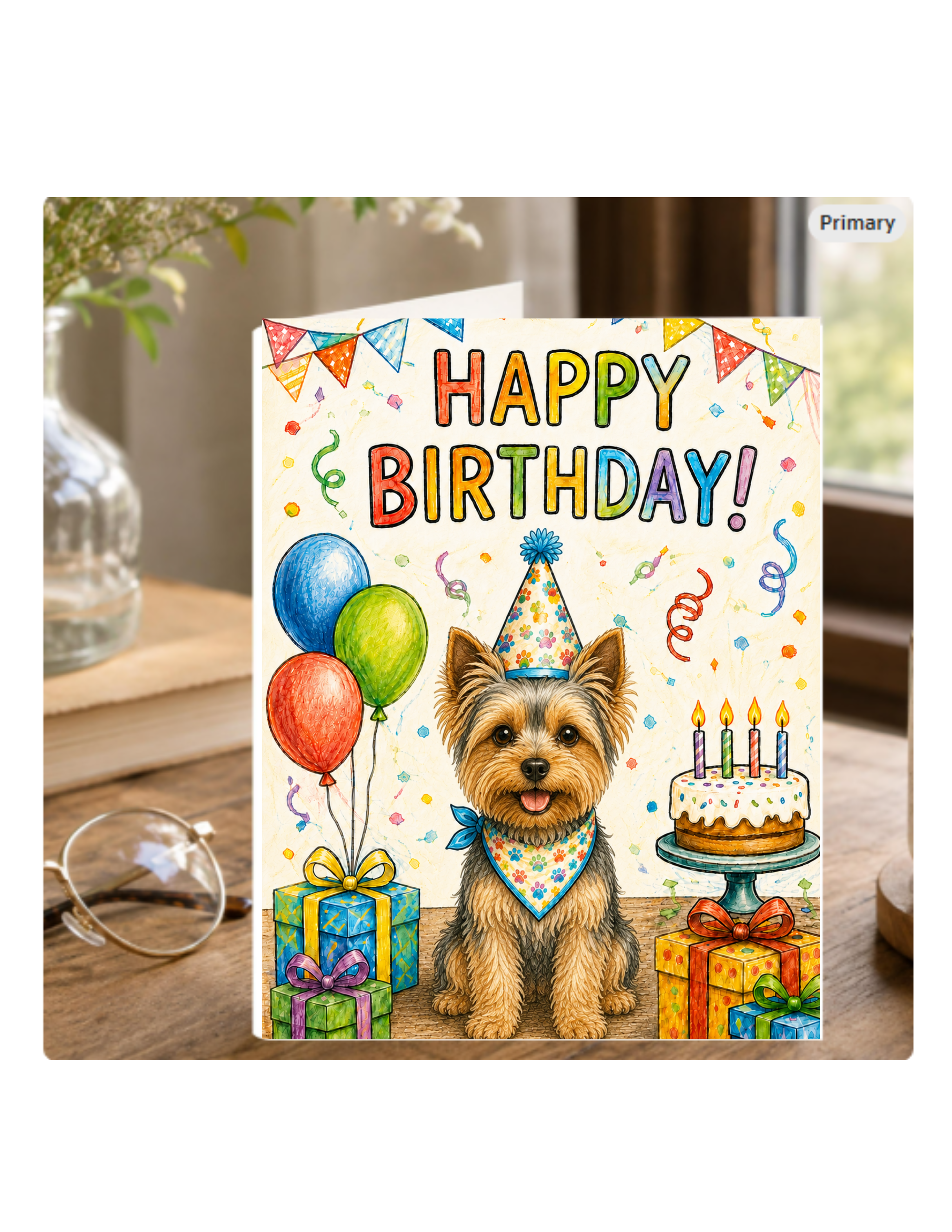 Yorkie Birthday Card – Cute Dog Birthday Notecard, Blank Inside