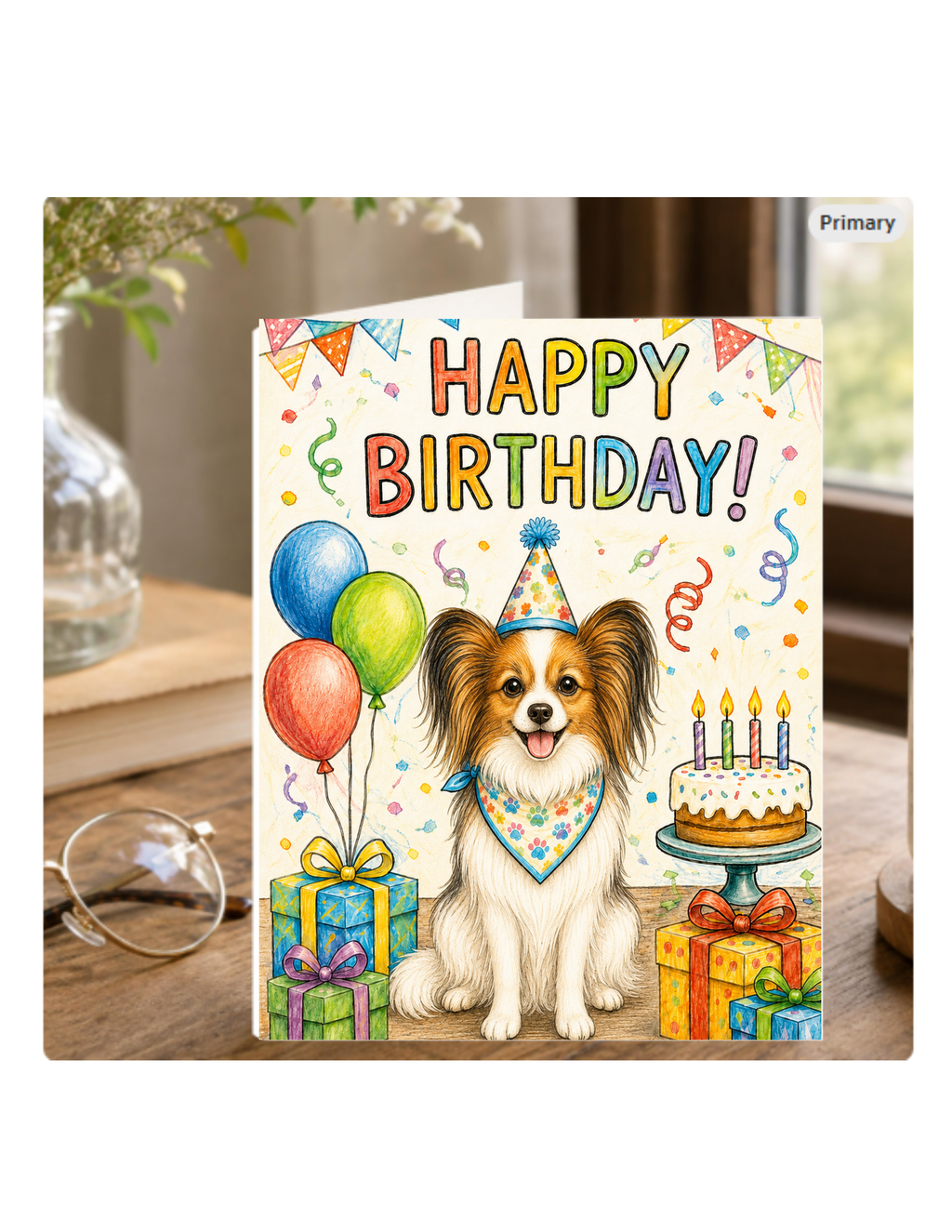 Papillon Birthday Card – Cute Dog Birthday Notecard, Blank Inside