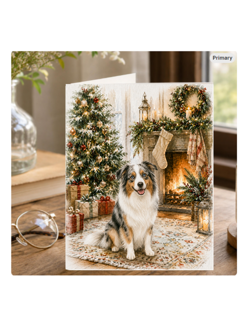 Australian Shepherd Christmas Notecard – Cozy Fireside Watercolor Design | Single or Multi-Pack