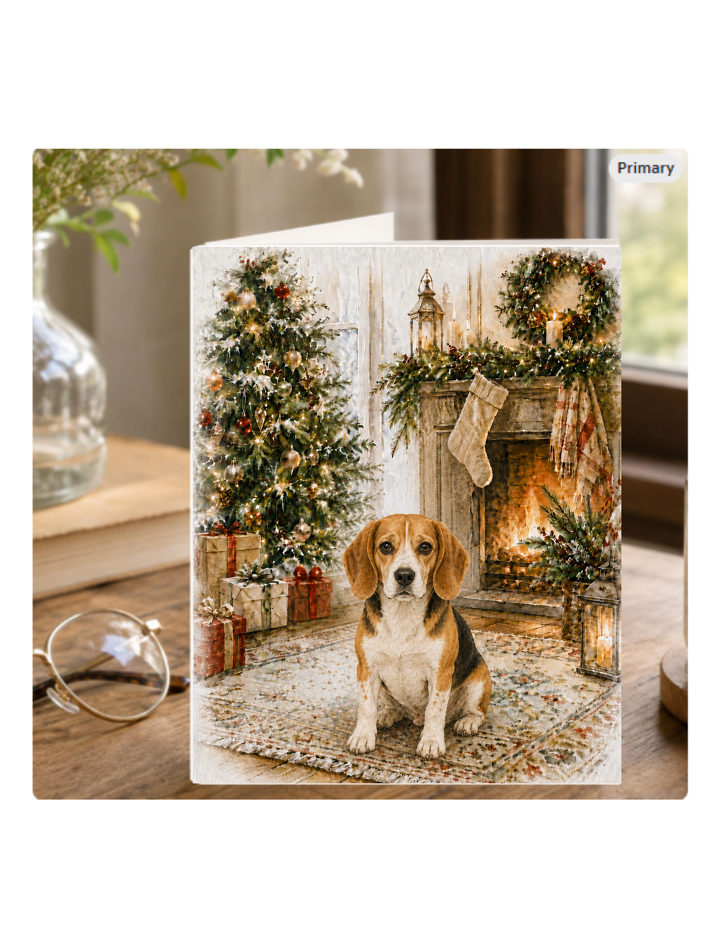 Beagle Christmas Notecard – Cozy Fireside Watercolor Design | Single or Multi-Pack