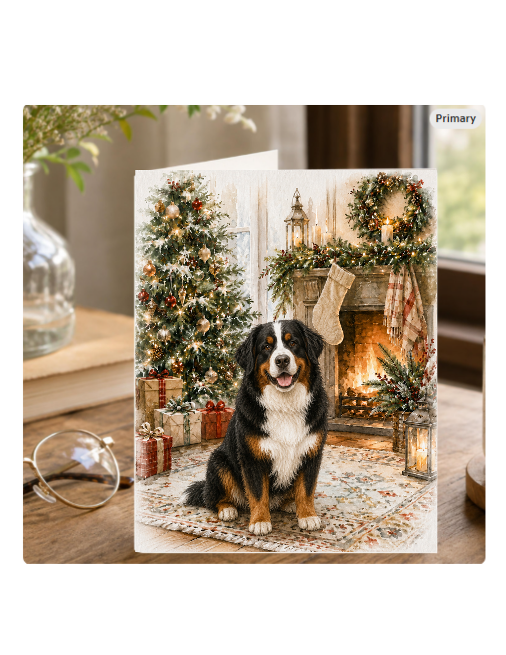 Bernese Mountain Dog Christmas Notecard – Cozy Fireside Watercolor Design | Single or Multi-Pack