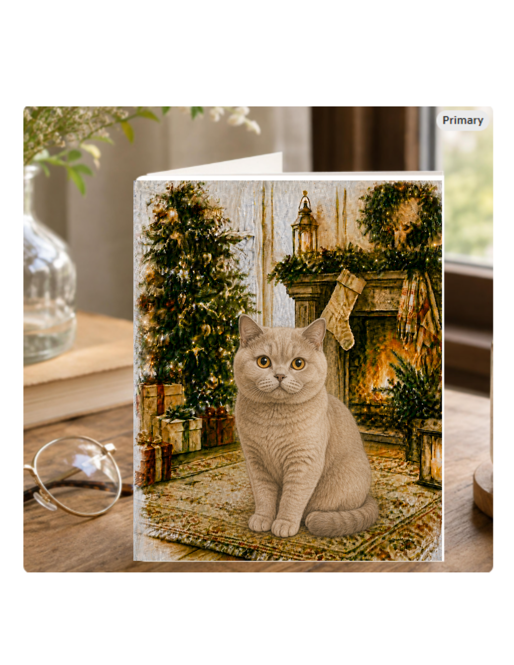 British Shorthair Christmas Notecard – Cozy Fireside Watercolor Design | Single or Multi-Pack