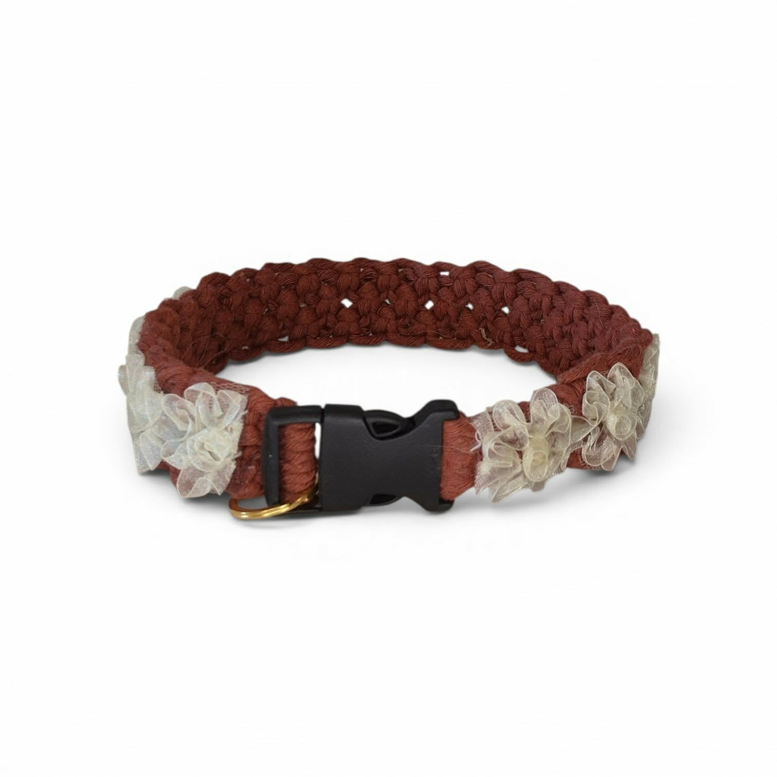 ONE-OF-A-KIND Handmade Macrame Pet Collar – Rust with Ivory Organza Flowers | Fixed-Size, Only 1 Available
