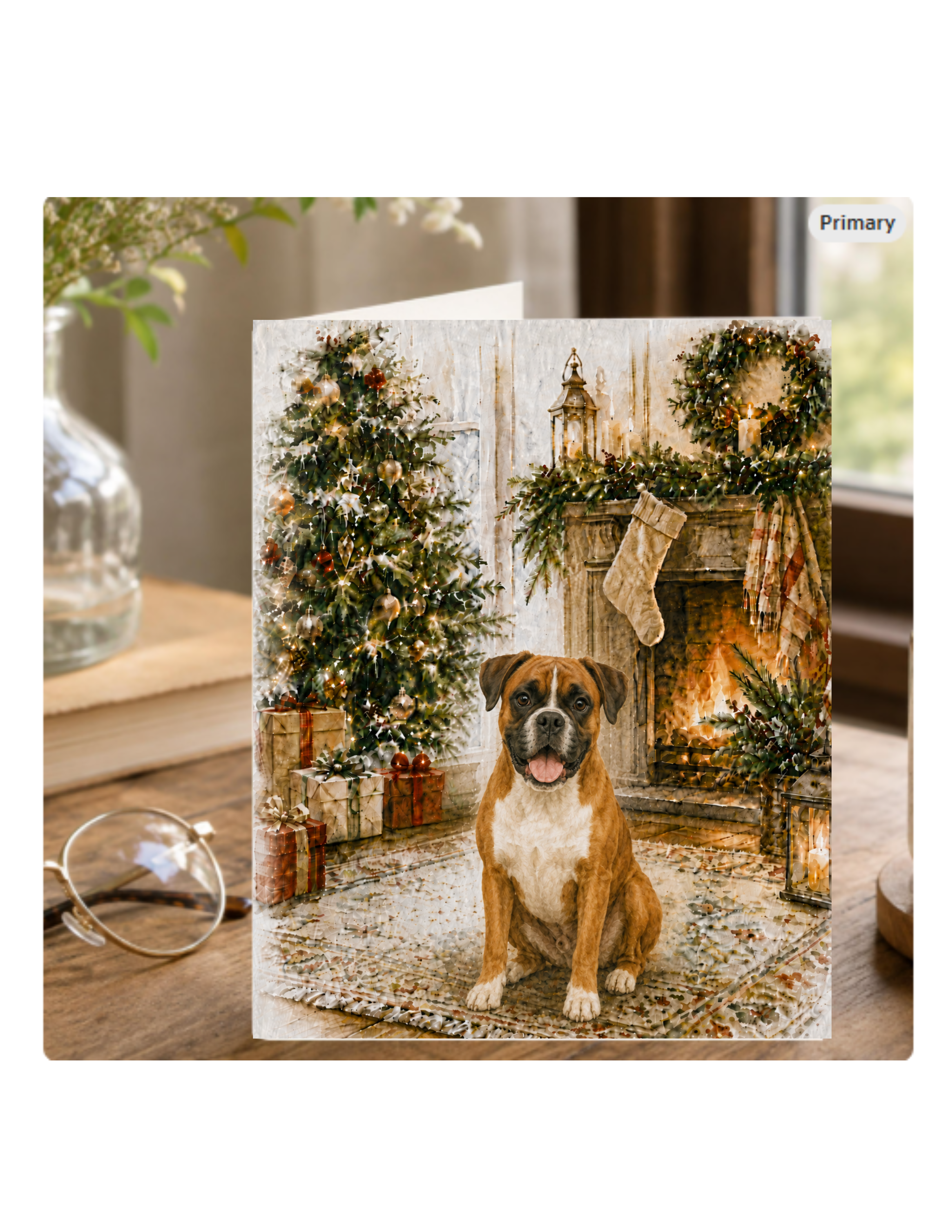 Boxer Christmas Notecard – Cozy Fireside Watercolor Design | Single or Multi-Pack
