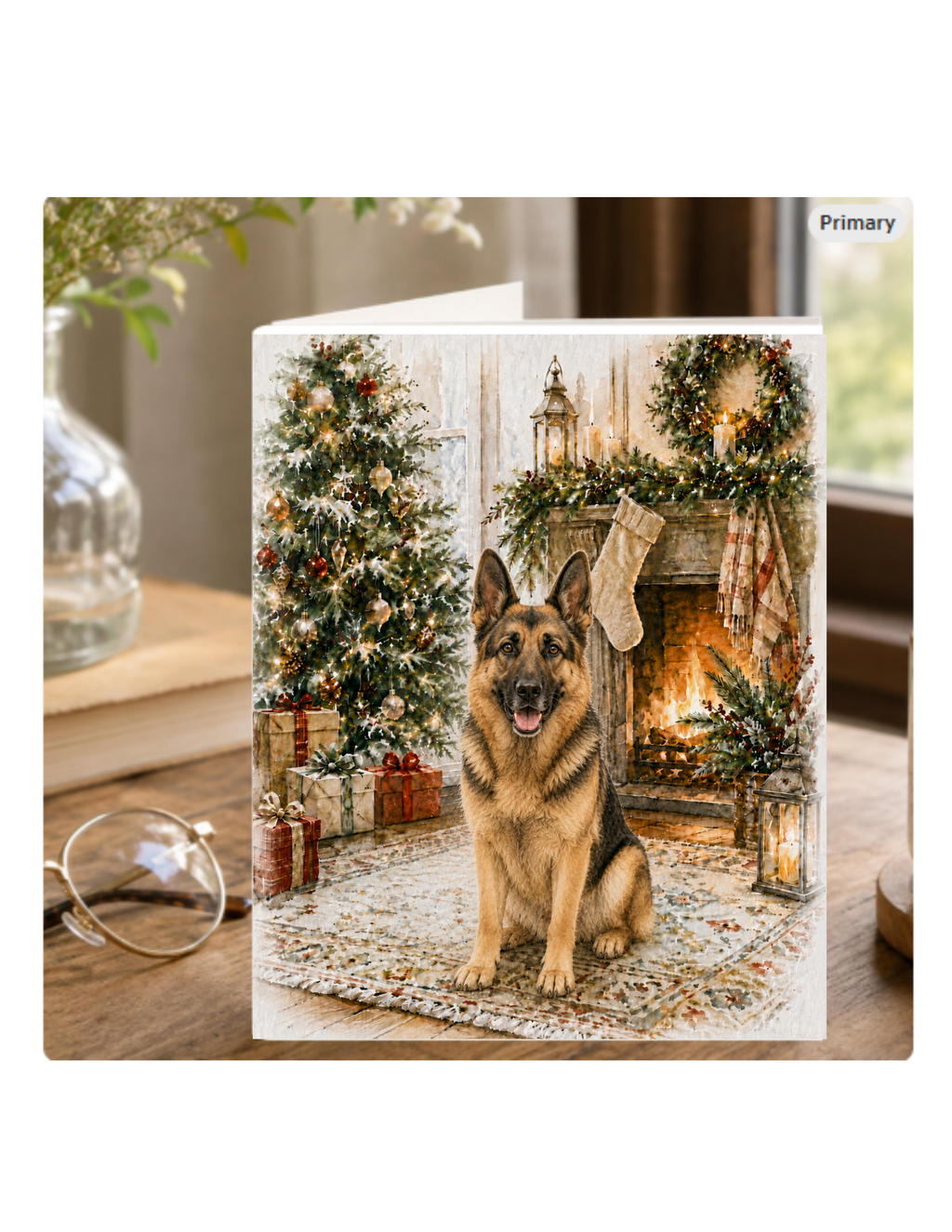 German Shepherd Christmas Notecard – Cozy Fireside Watercolor Design | Single or Multi-Pack
