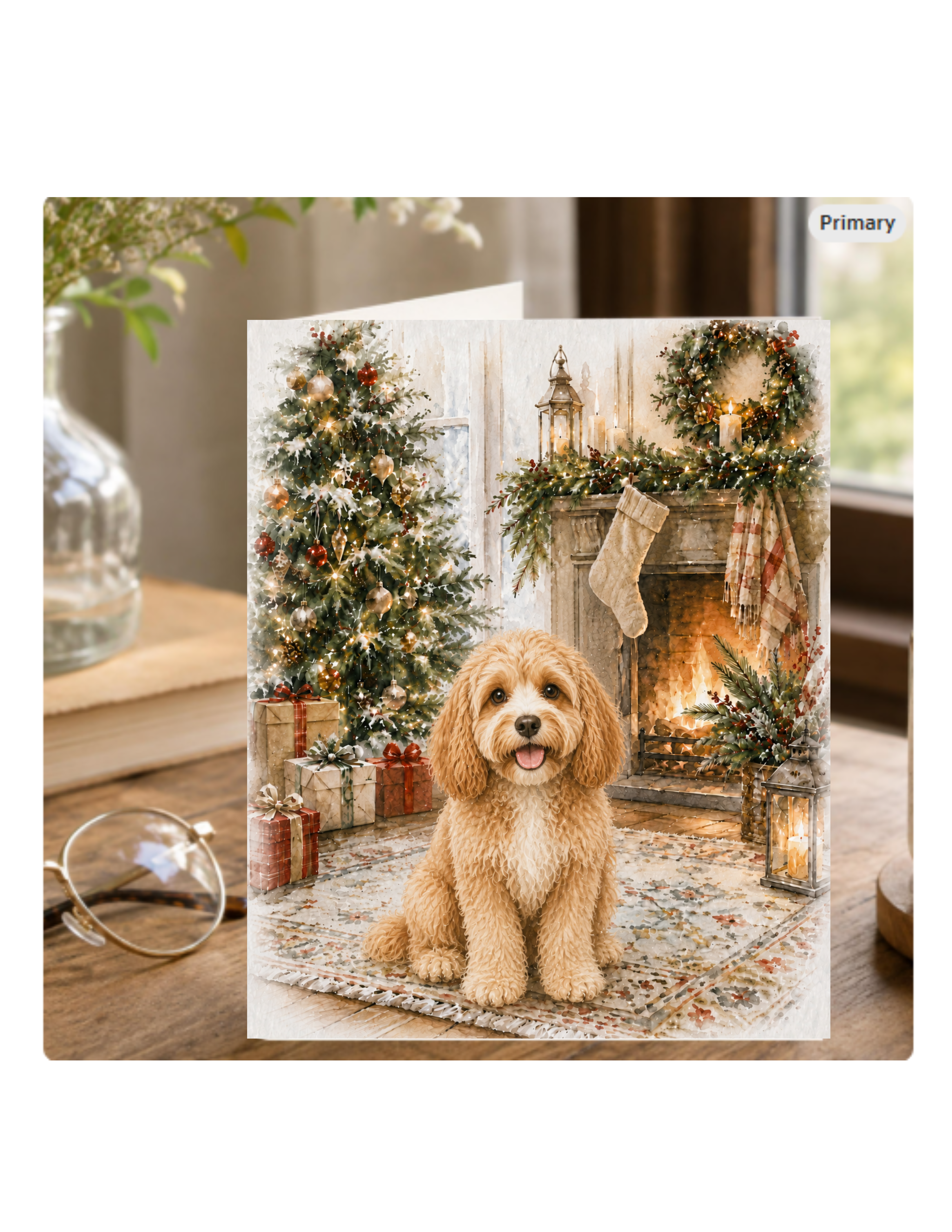 Cockapoo Christmas Notecard – Cozy Fireside Watercolor Design | Single or Multi-Pack
