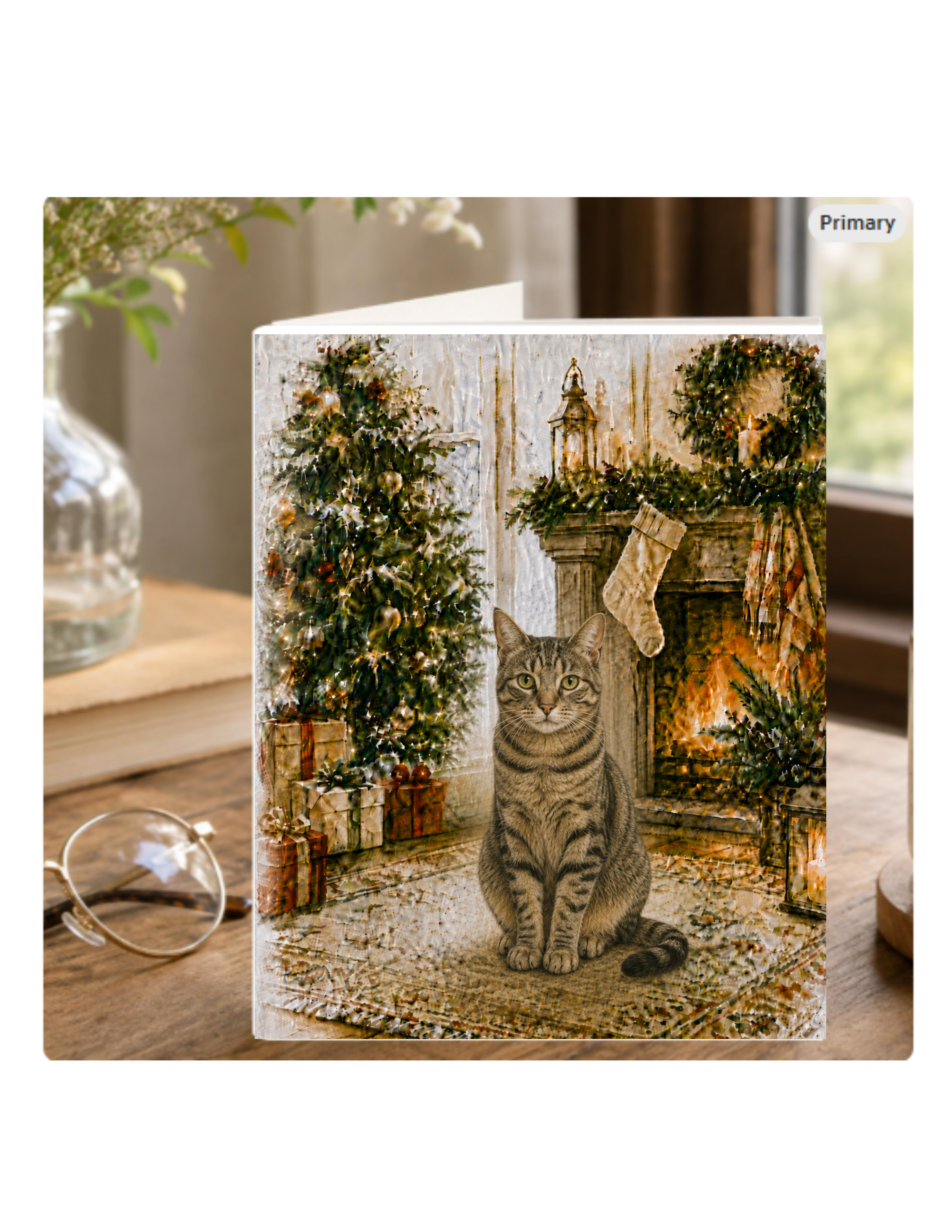 Domestic Shorthair Tabby Christmas Notecard – Cozy Fireside Watercolor Design | Single or Multi-Pack