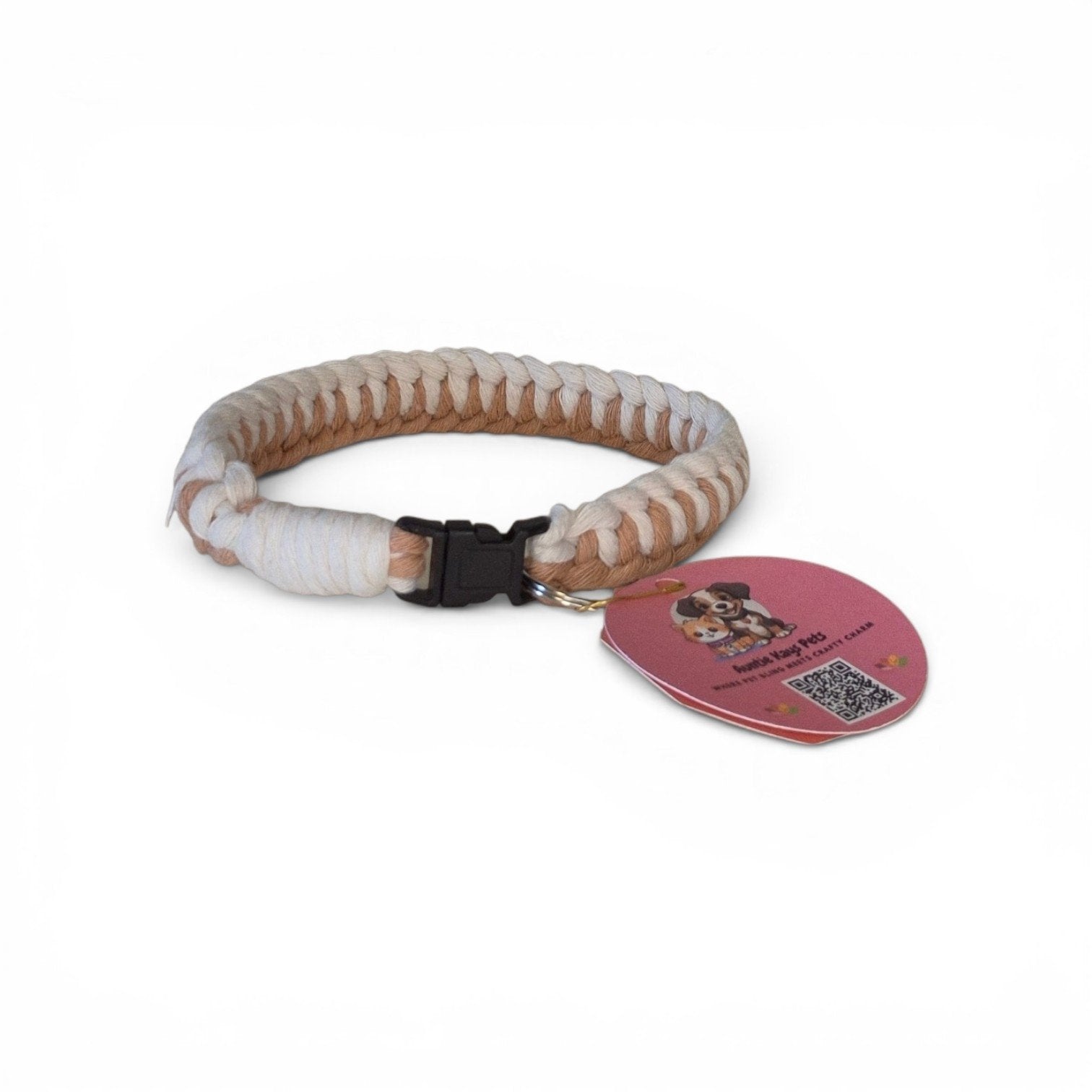 Handmade Macrame Cobra Knot Pet Collar – Cream & Tan Two-Tone Woven Design | Fixed-Size Dog & Cat Collar