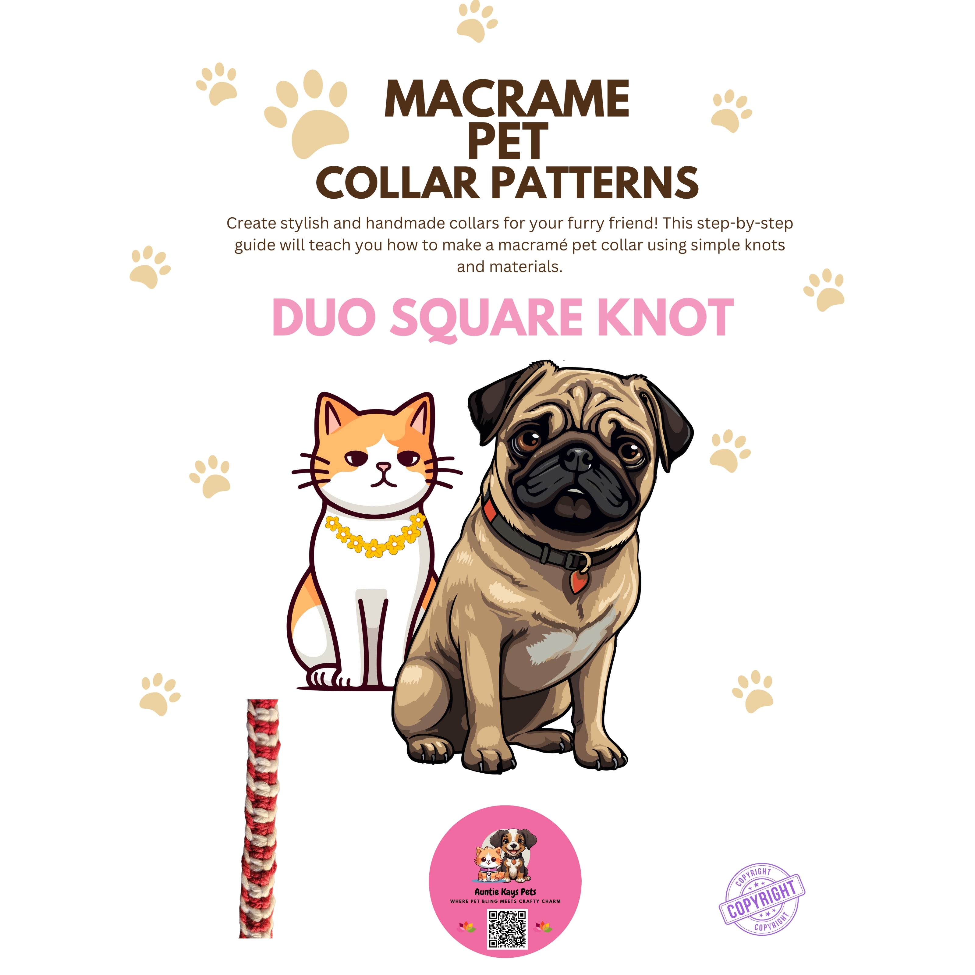 Duo Square Knot Macrame Pet Collar Pattern — Digital Download — Two Colour DIY Dog and Cat Collar Pattern