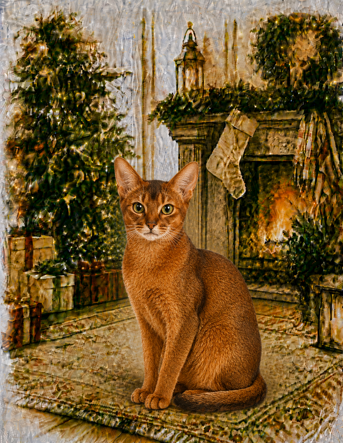 Abyssinian Christmas Notecard – Cozy Fireside Watercolor Design | Single or Multi-Pack