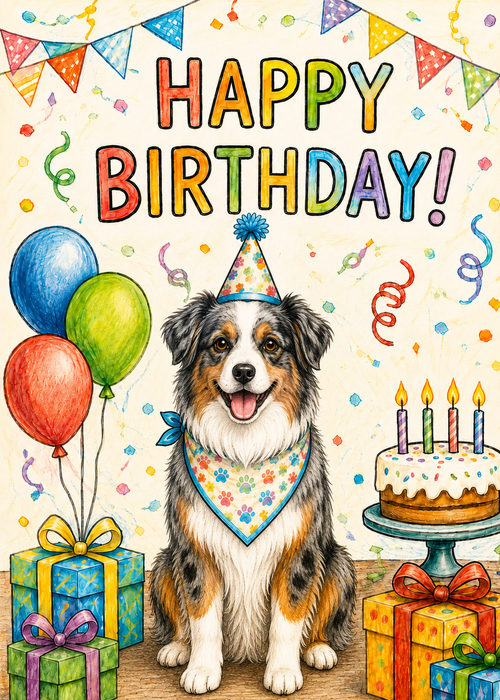 Australian Shepherd Birthday Card – Cute Dog Birthday Notecard, Blank Inside