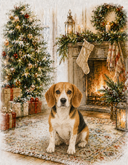 Beagle Christmas Notecard – Cozy Fireside Watercolor Design | Single or Multi-Pack
