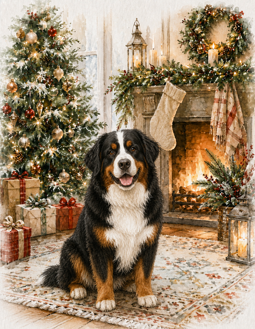Bernese Mountain Dog Christmas Notecard – Cozy Fireside Watercolor Design | Single or Multi-Pack