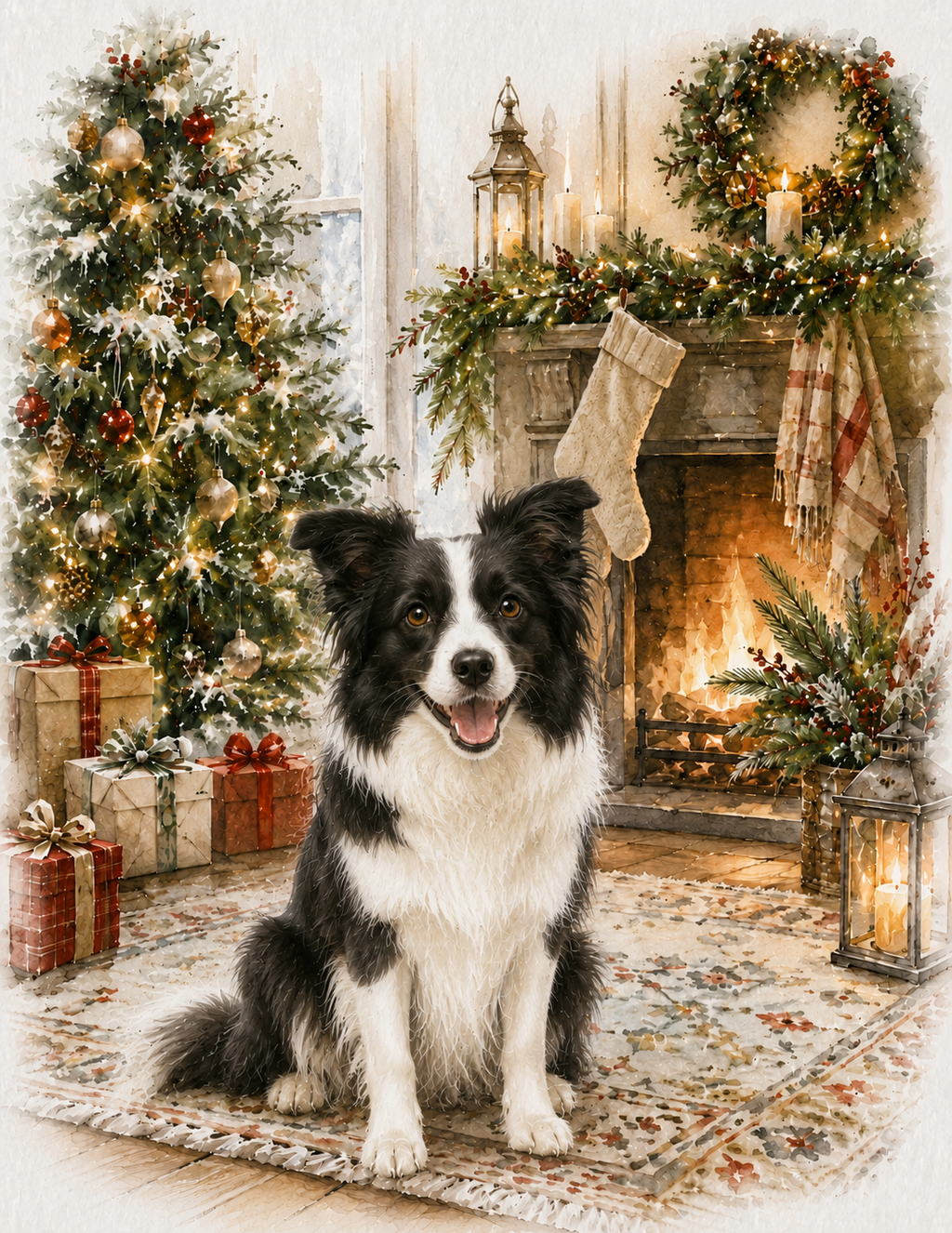 Border Collie Christmas Notecard – Cozy Fireside Watercolor Design | Single or Multi-Pack