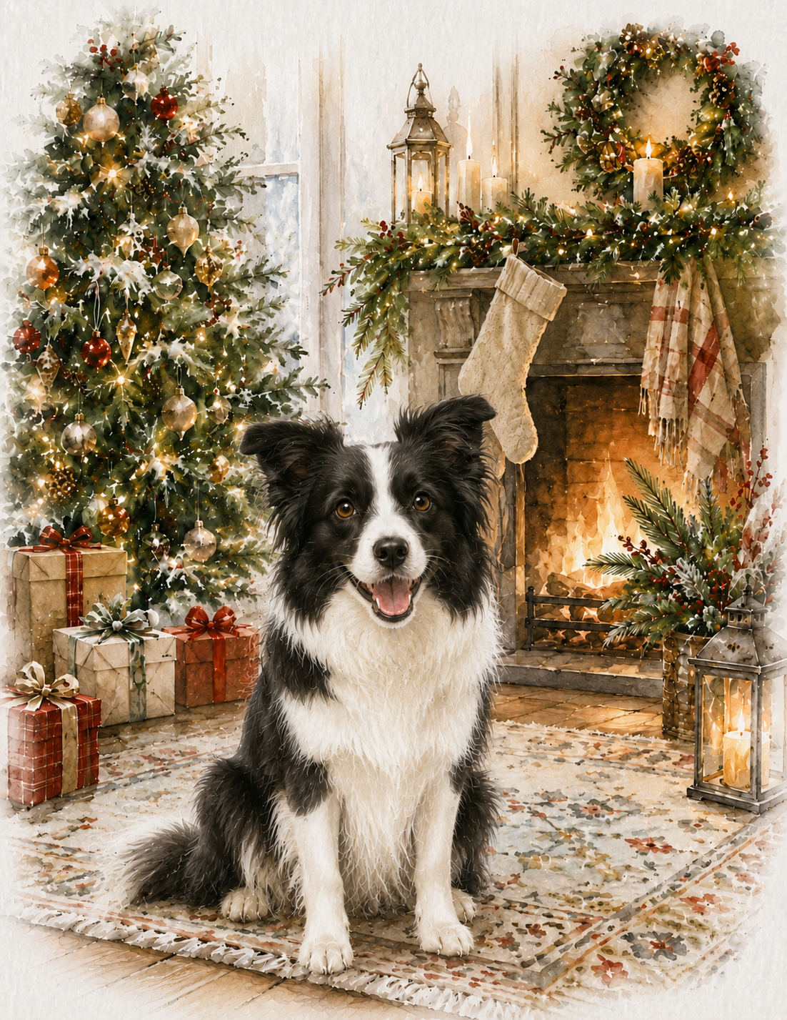 Border Collie Christmas Notecard – Cozy Fireside Watercolor Design | Single or Multi-Pack