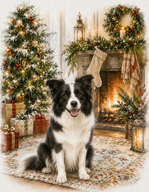 Border Collie Christmas Notecard – Cozy Fireside Watercolor Design | Single or Multi-Pack