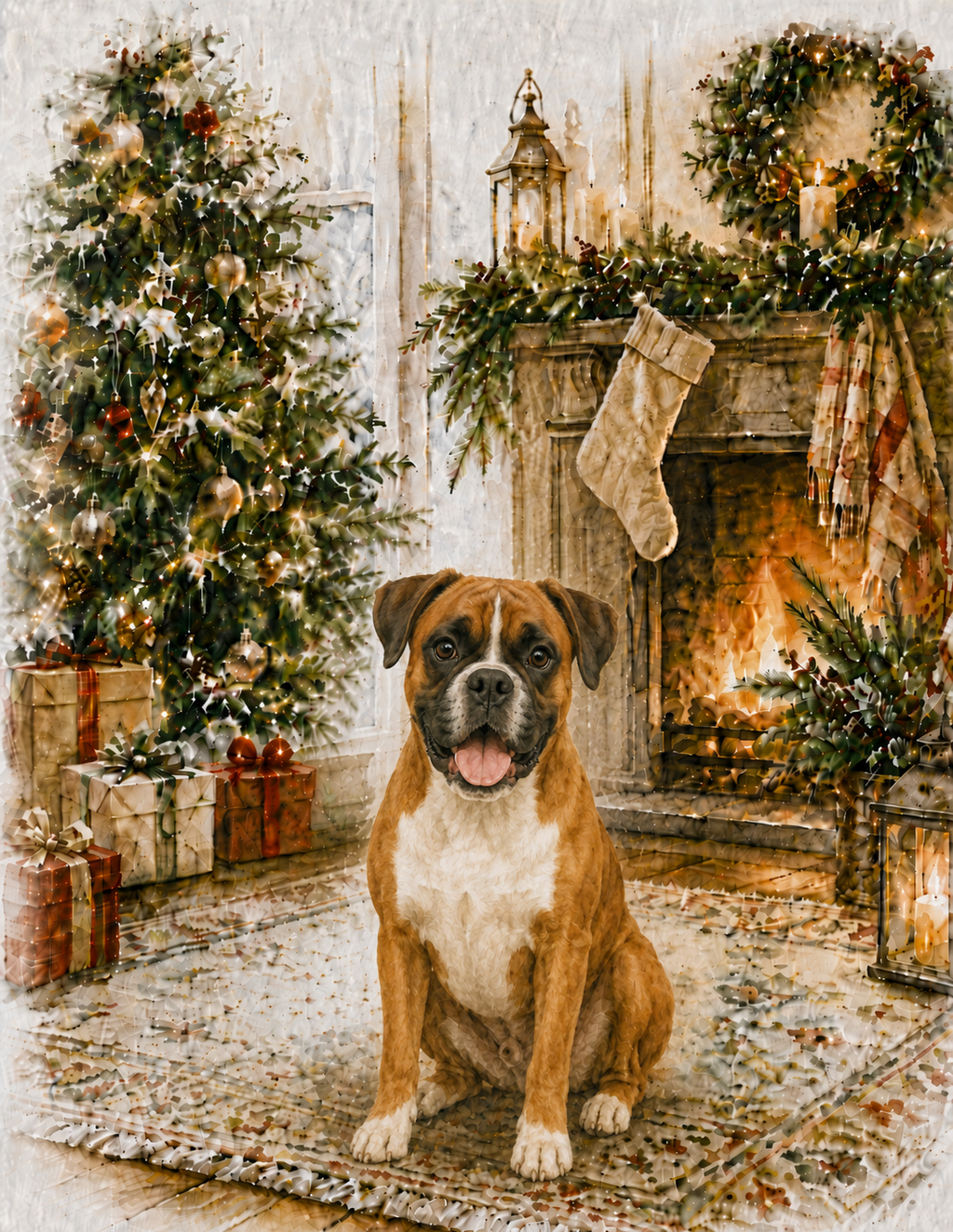 Boxer Christmas Notecard – Cozy Fireside Watercolor Design | Single or Multi-Pack