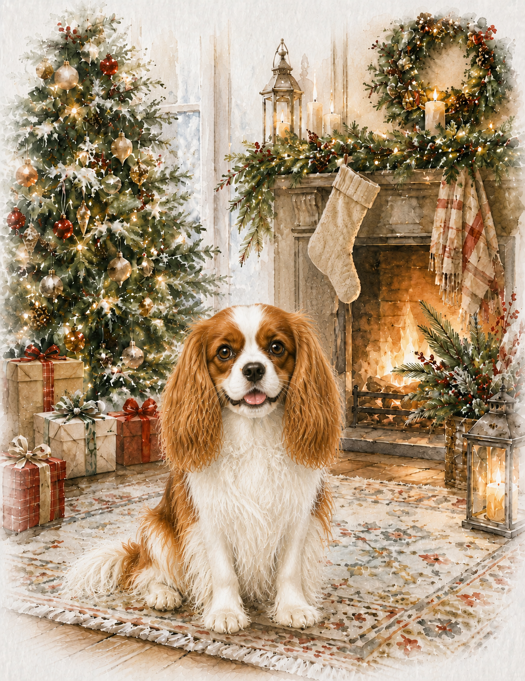 Cavalier King Charles Spaniel Christmas Notecard – Cozy Fireside Watercolor Design | Single or Multi-Pack