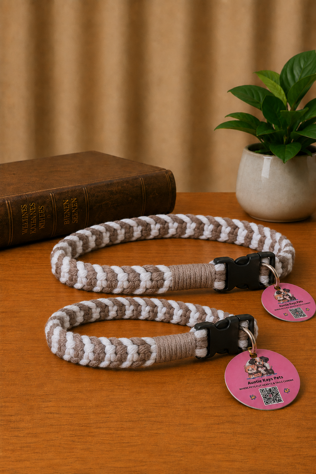 Taupe and White Macrame Dog Collar with Black Buckle – 17.25 Inch