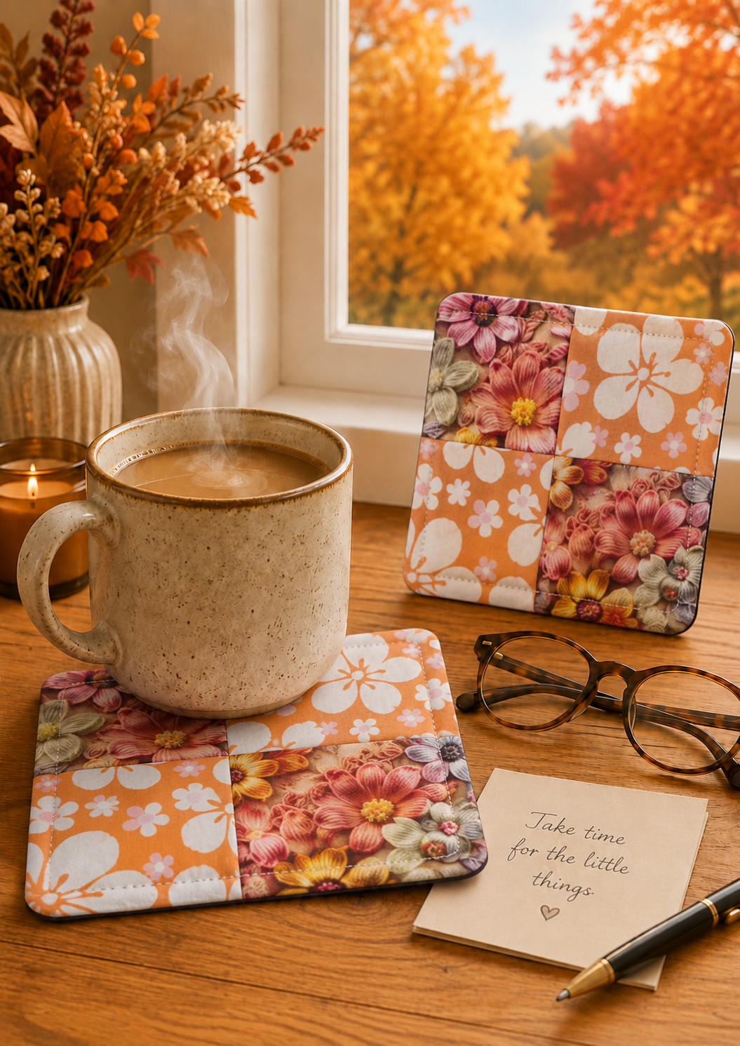Autumn Floral Patchwork Mug Rug Coaster Set of 2