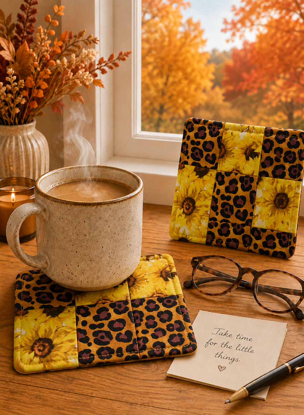 Sunflower Patchwork Mug Rug Coaster Set of 2 — Listing Copy