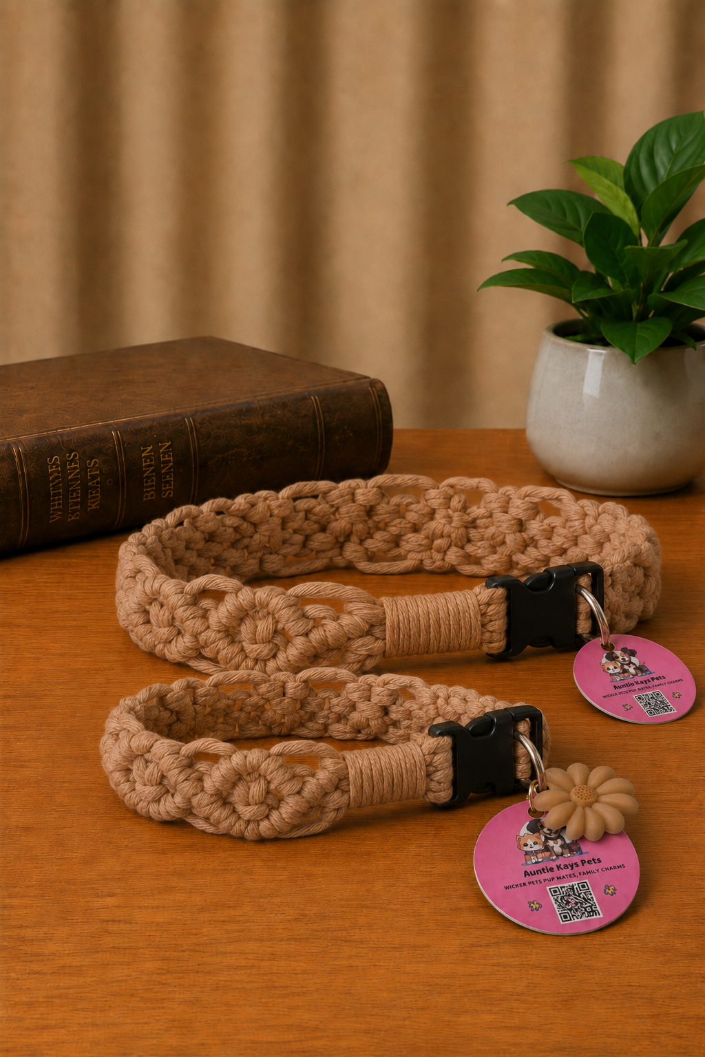 Handmade Macrame Pet Collar – Tan Open Diamond Knot Design with Flower Charm | Fixed-Size Dog & Cat Collar