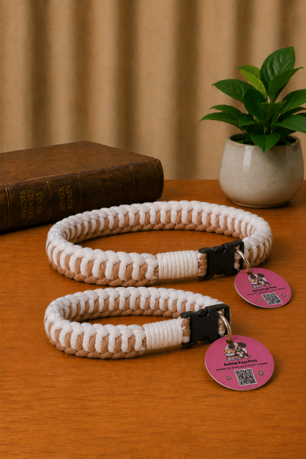 Handmade Macrame Cobra Knot Pet Collar – Cream & Tan Two-Tone Woven Design | Fixed-Size Dog & Cat Collar