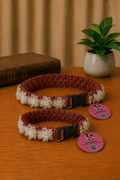 ONE-OF-A-KIND Handmade Macrame Pet Collar – Rust with Ivory Organza Flowers | Fixed-Size, Only 1 Available