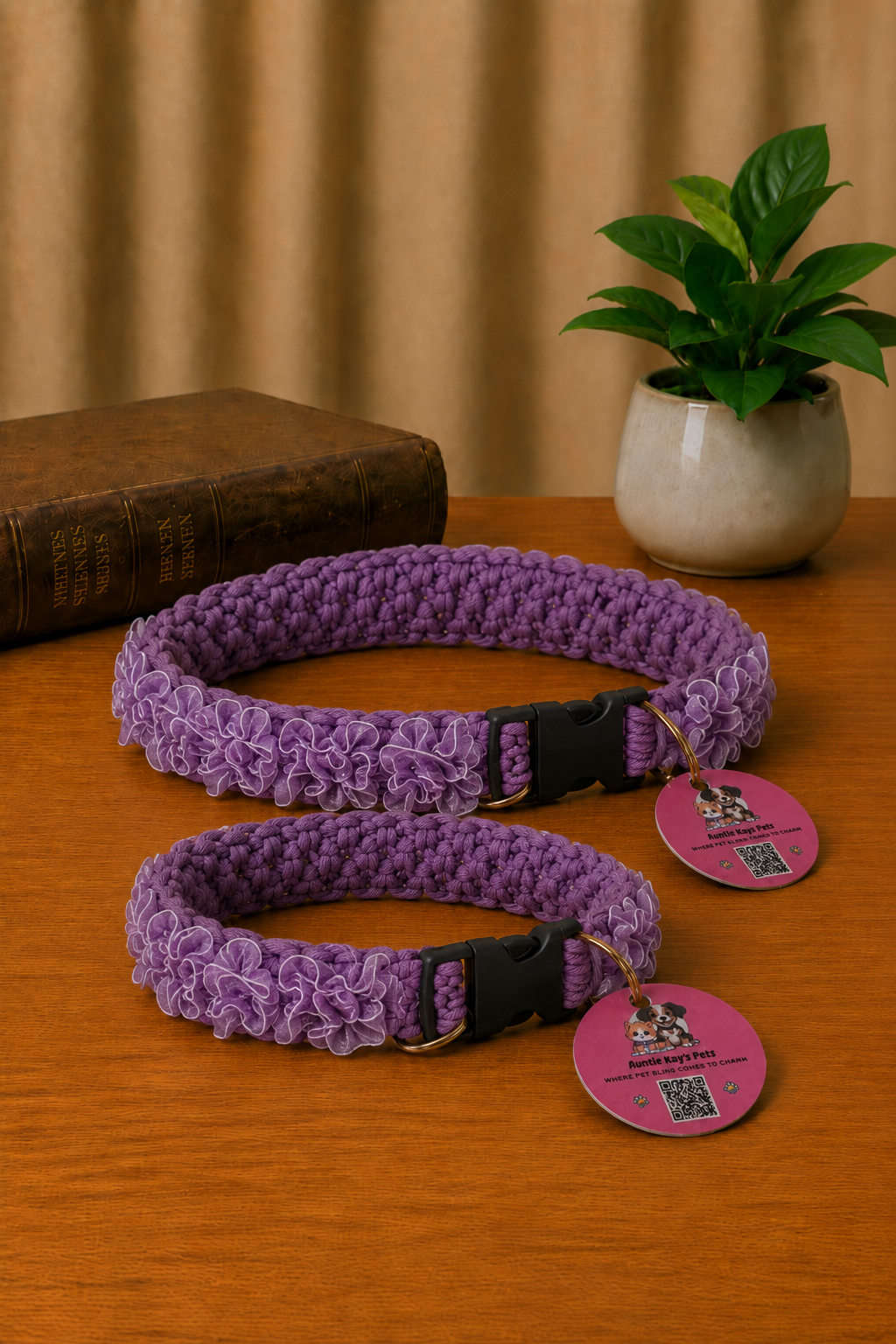 ONE-OF-A-KIND Handmade Macrame Pet Collar – Purple with Lavender Organza Flowers | Fixed 13.5", Only 1 Available