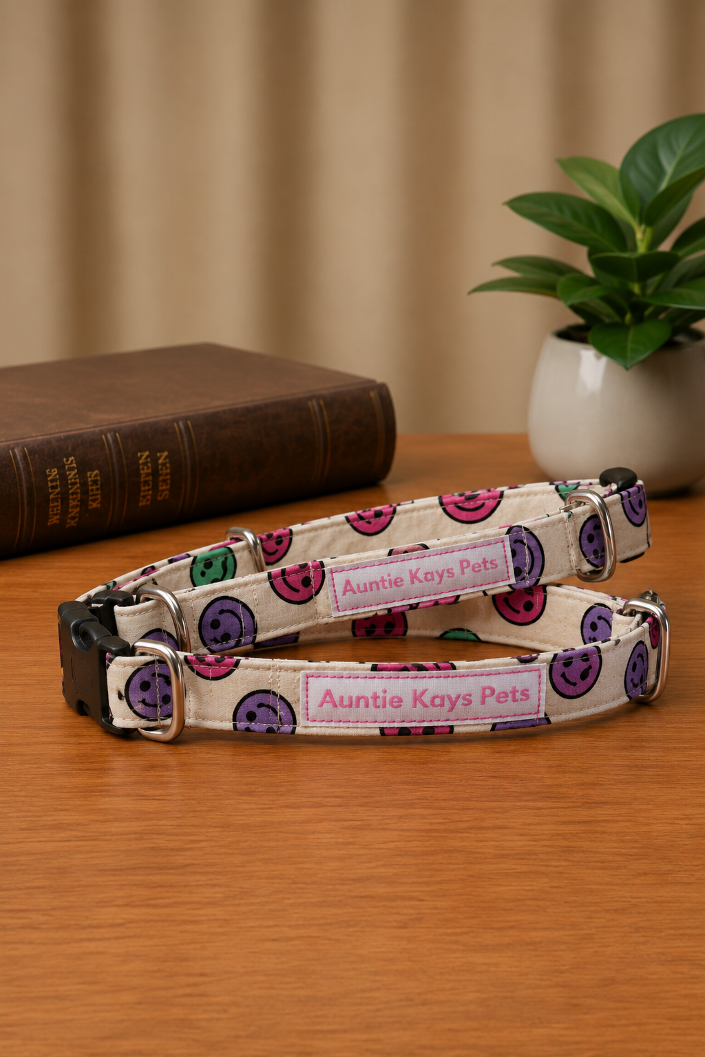 Handmade Dog Collar — Smiley Face | Adjustable Fabric Collar | Auntie Kays Pets Hamilton Ontario