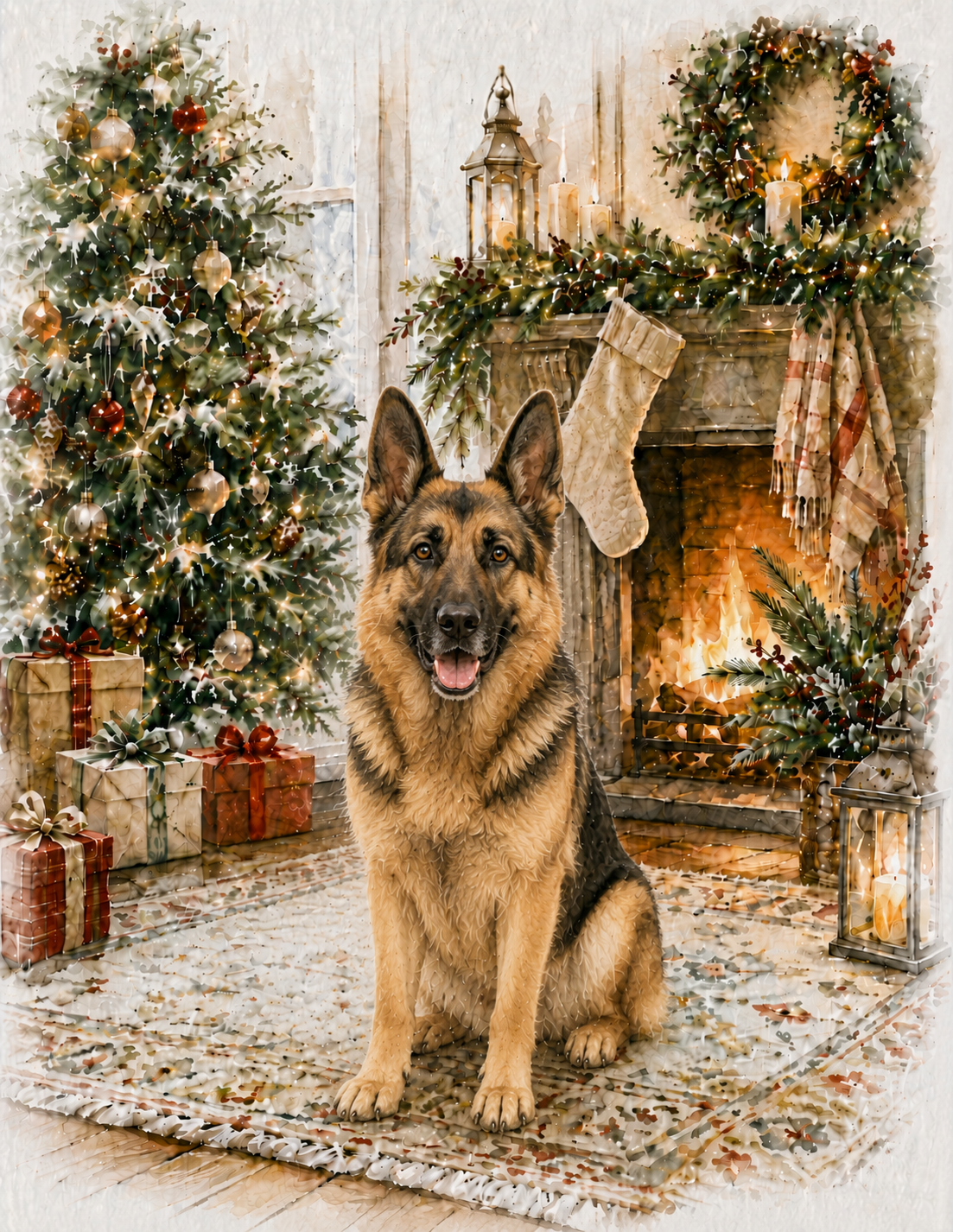 German Shepherd Christmas Notecard – Cozy Fireside Watercolor Design | Single or Multi-Pack