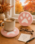 Rose Pink Paw Print Mug Rug – Plush Punch Needle Coaster for Coffee & Tea Lovers