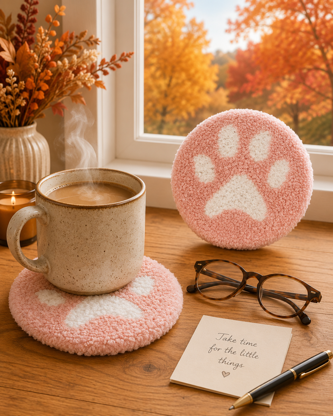 Rose Pink Paw Print Mug Rug – Plush Punch Needle Coaster for Coffee & Tea Lovers