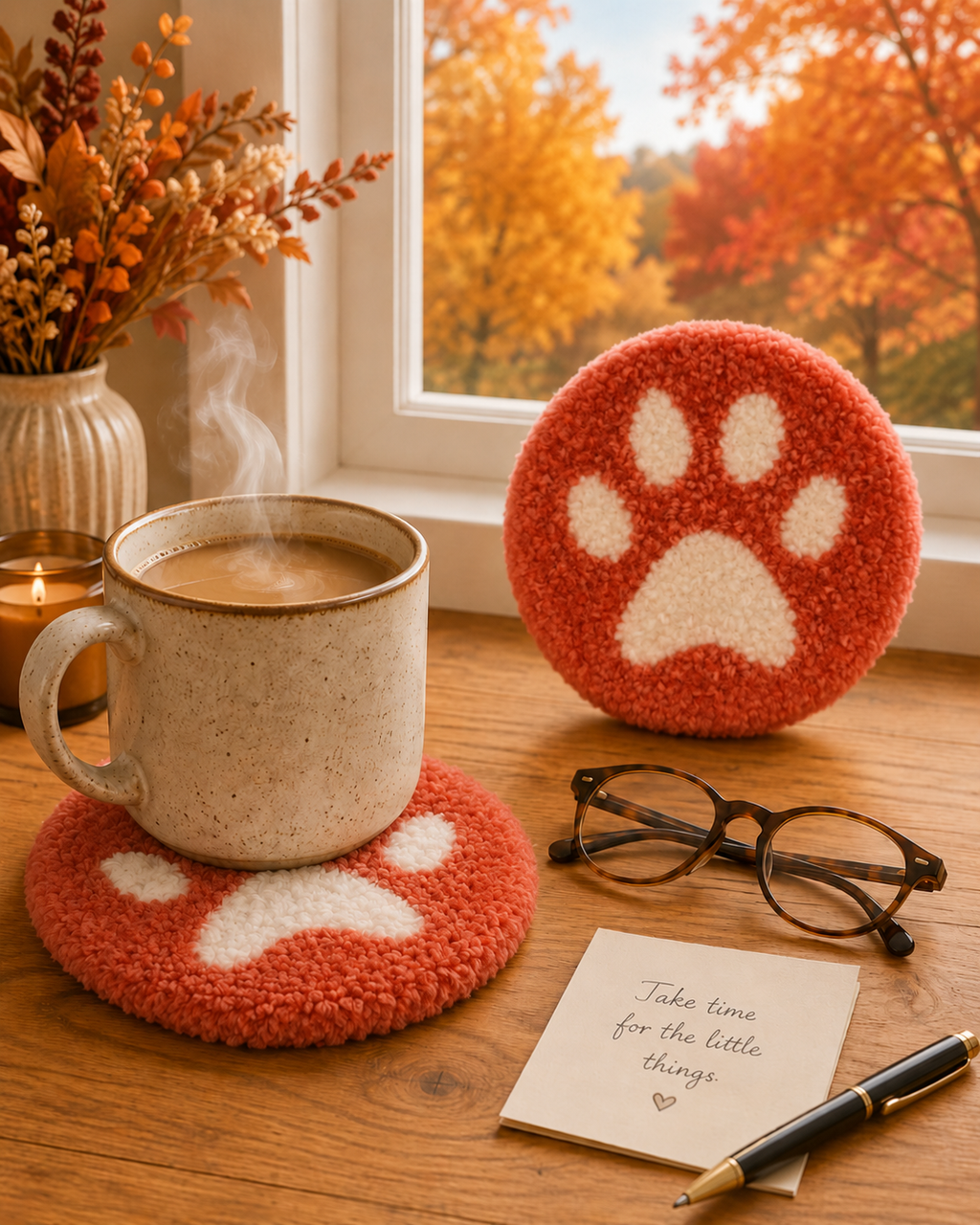 Coral Red Paw Print Mug Rug – Bold Plush Punch Needle Statement Coaster