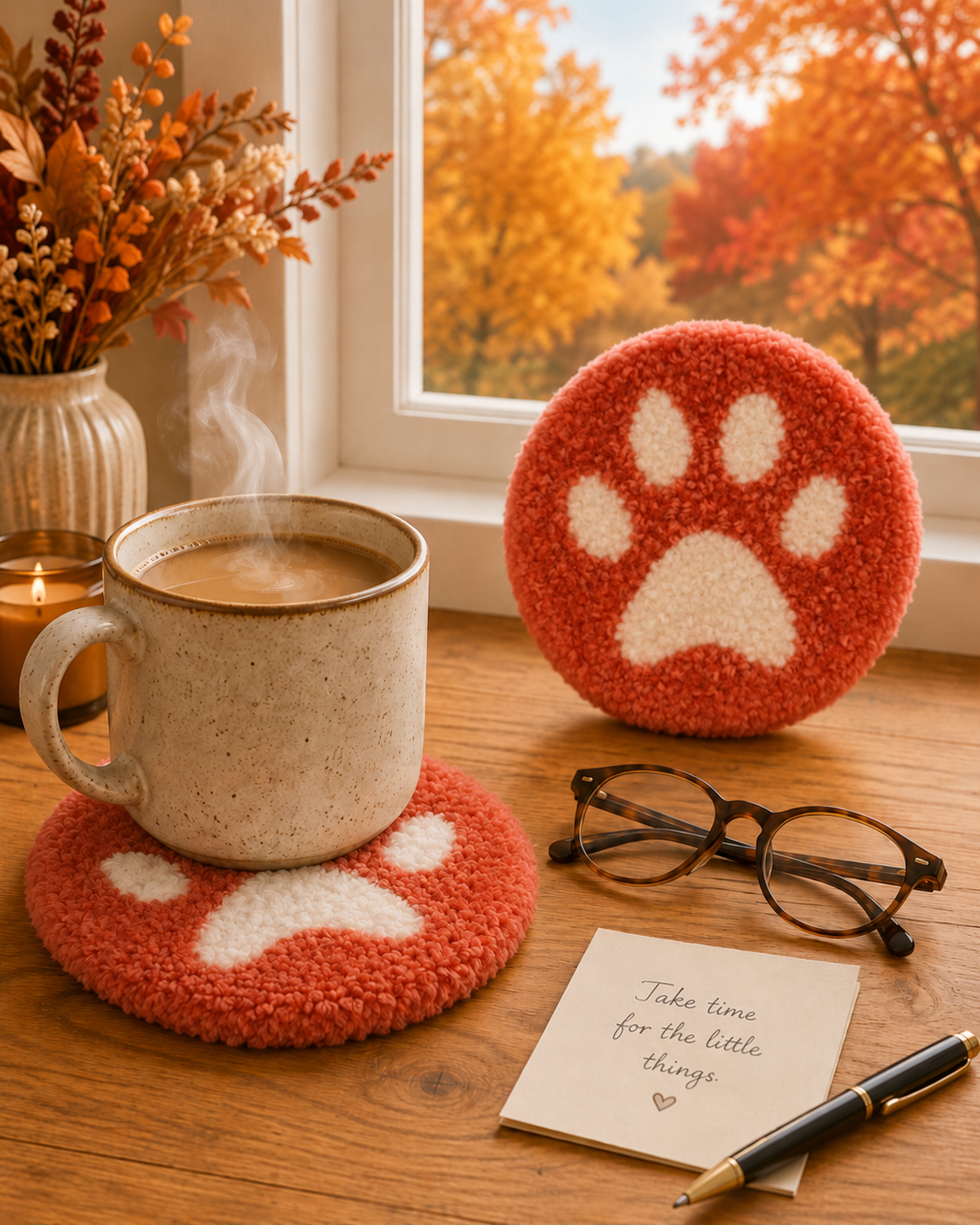 Coral Red Paw Print Mug Rug – Bold Plush Punch Needle Statement Coaster