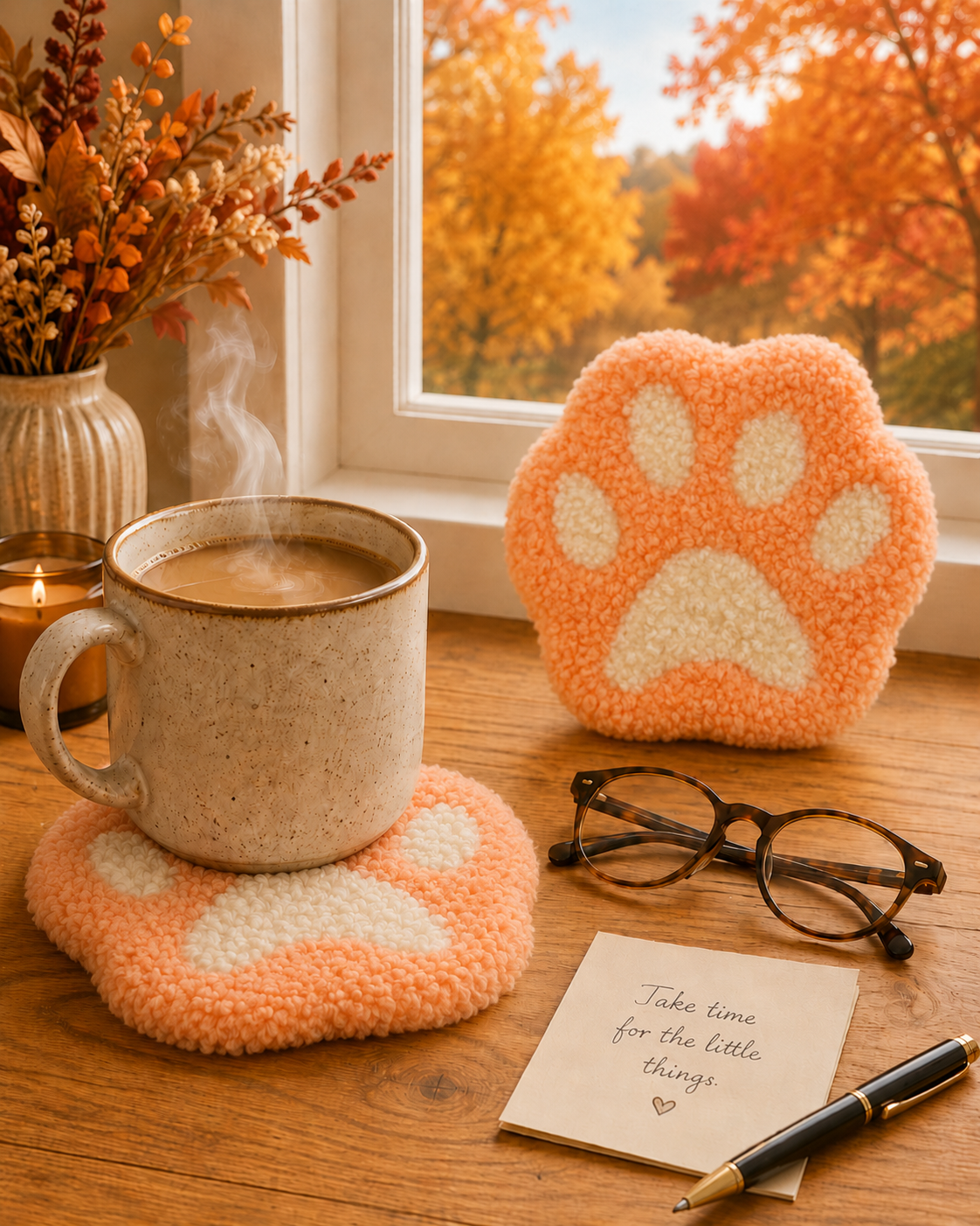 Orange Paw Print Mug Rug – Plush Punch Needle Coaster for Autumn Coffee Moments