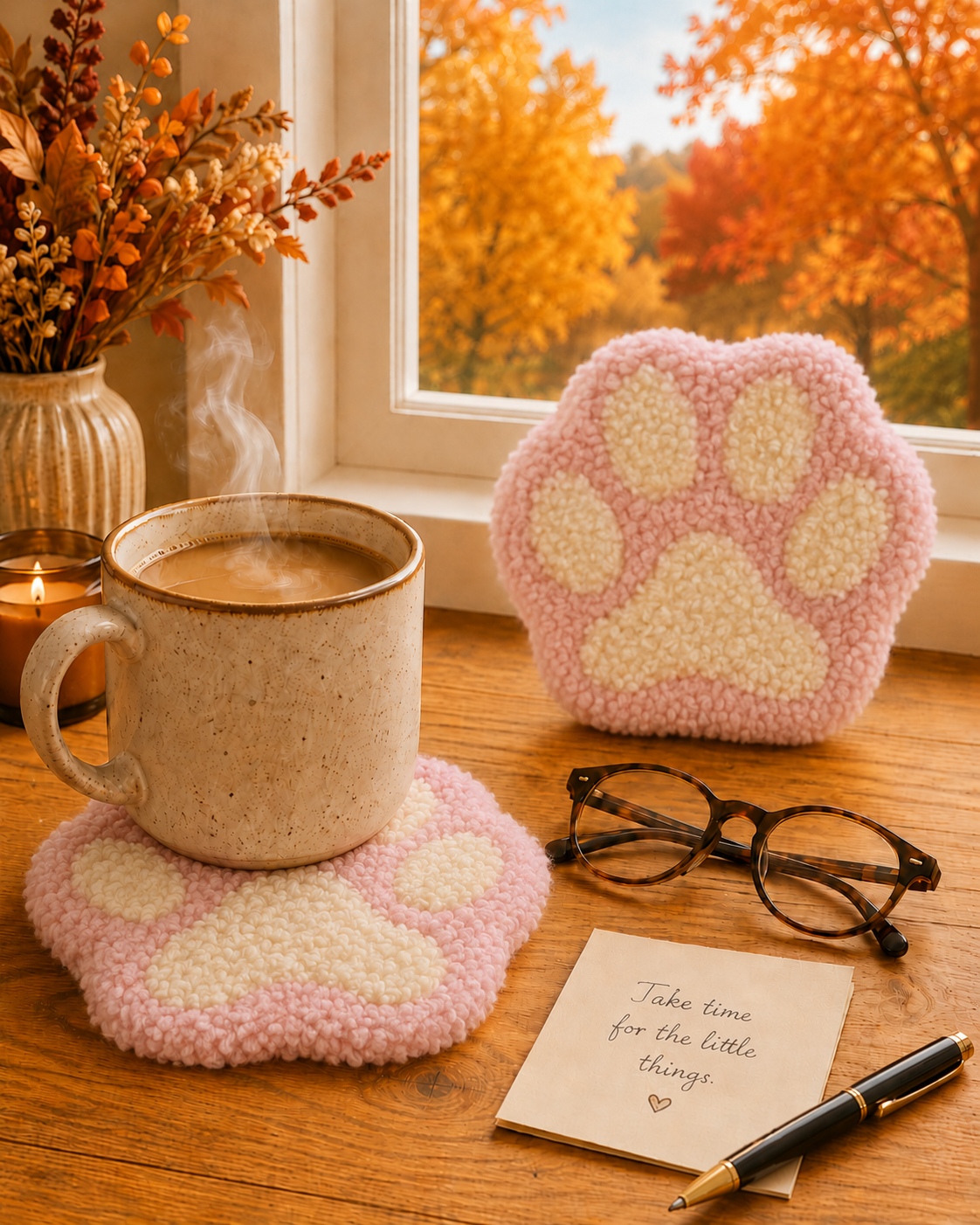 Blush Pink Paw Print Mug Rug – Soft Minimalist Plush Punch Needle Coaster